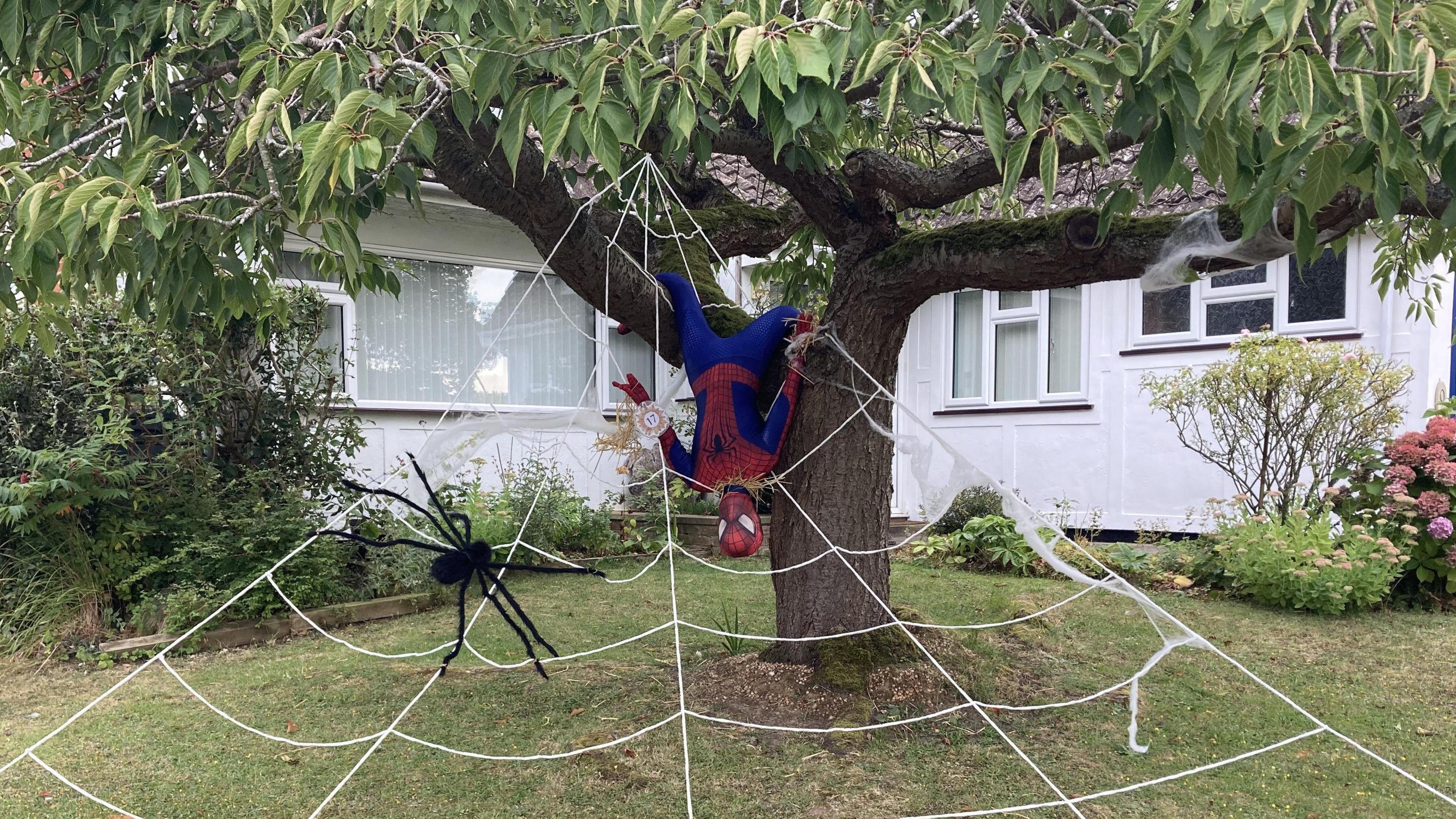 A Spiderman-themed scarecrow complete with a web and a large black spider