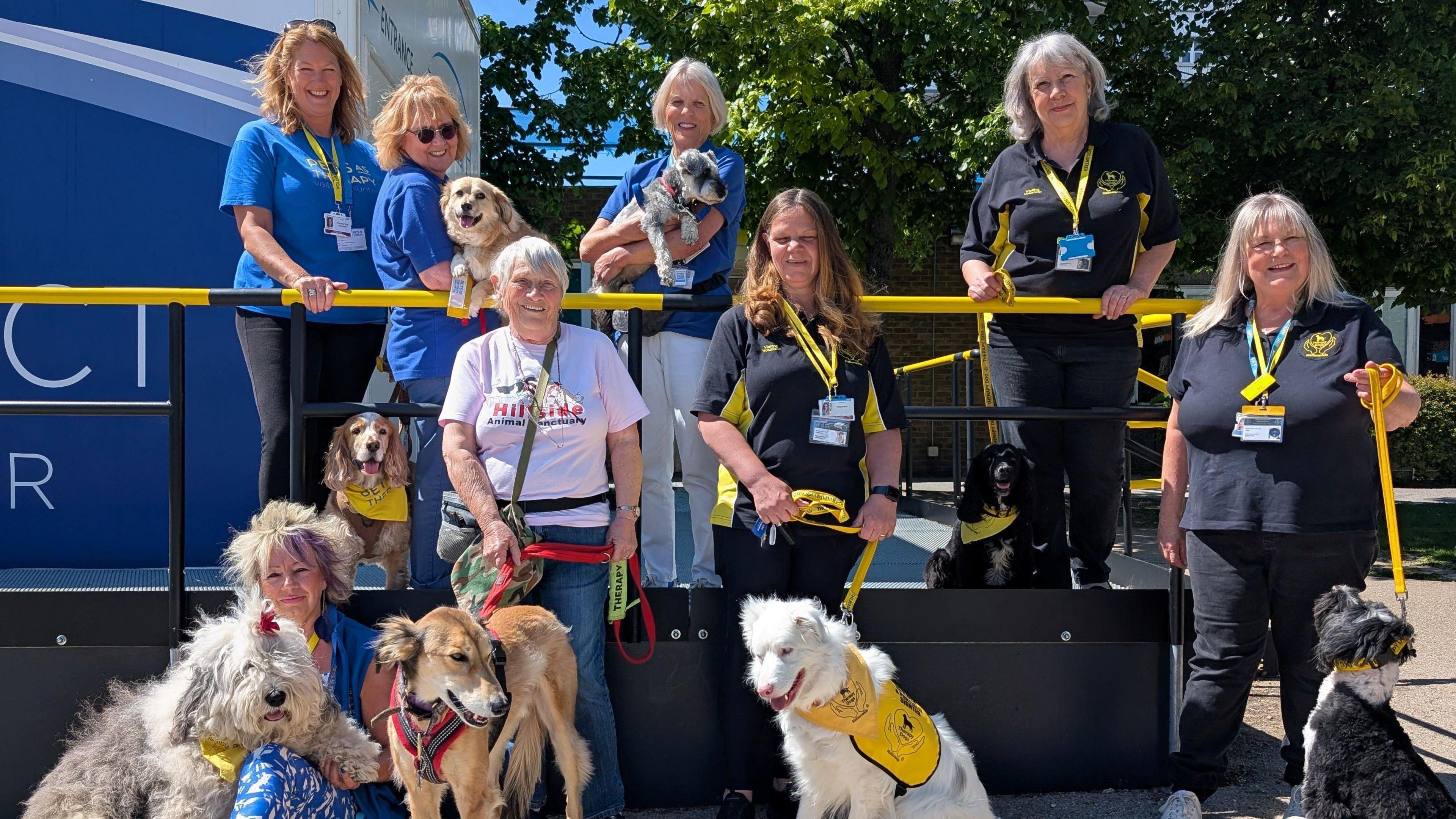 Eight women with lanyards wearing blue, black or white T-shirts. They are all holding dog leads. The dogs include an old English sheepdog, a Saluki, two spaniels and a Tibetan terrier.