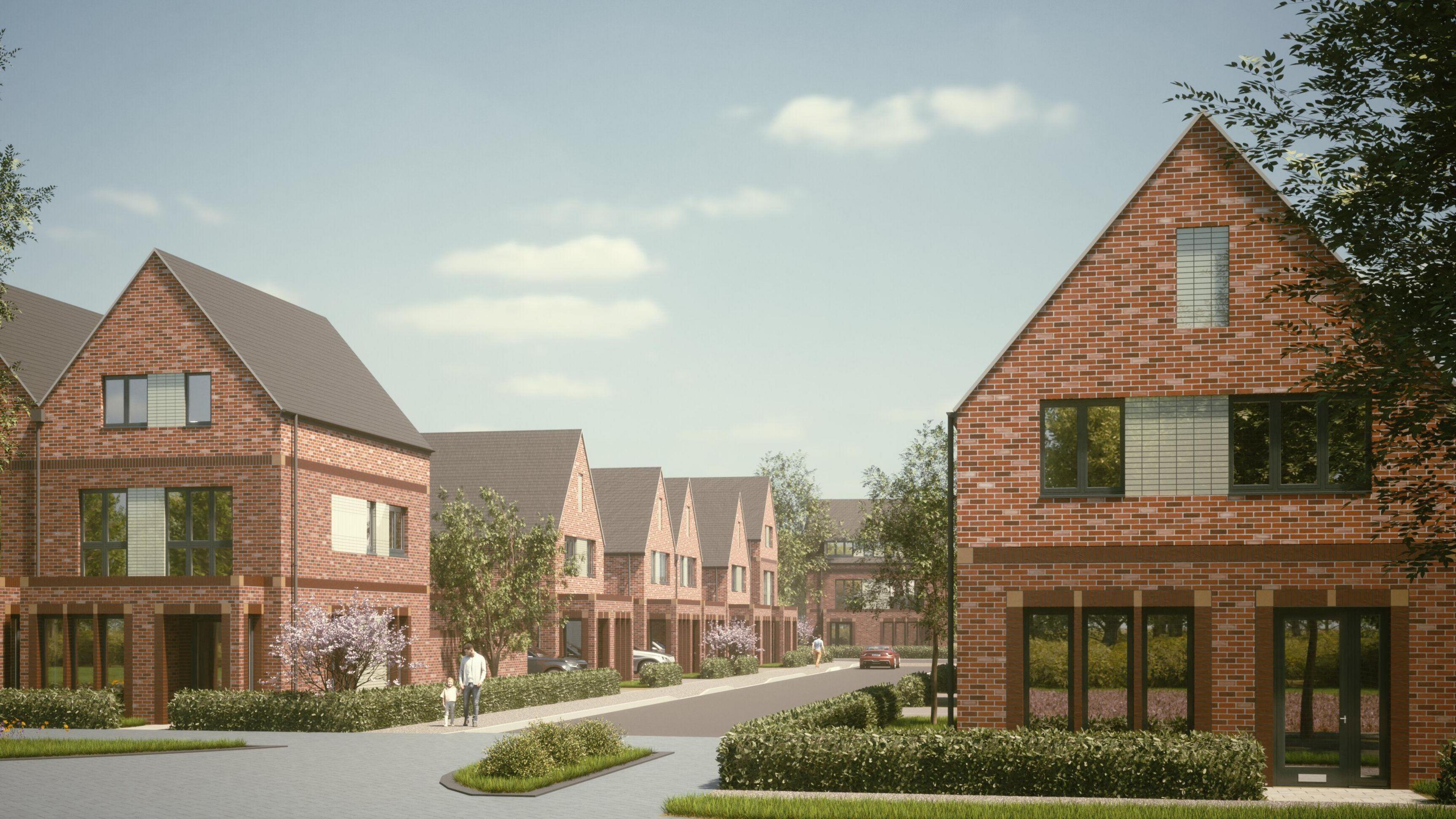 Artist impressions of new houses surrounded by greenery - the homes have gable roofs and big windows 