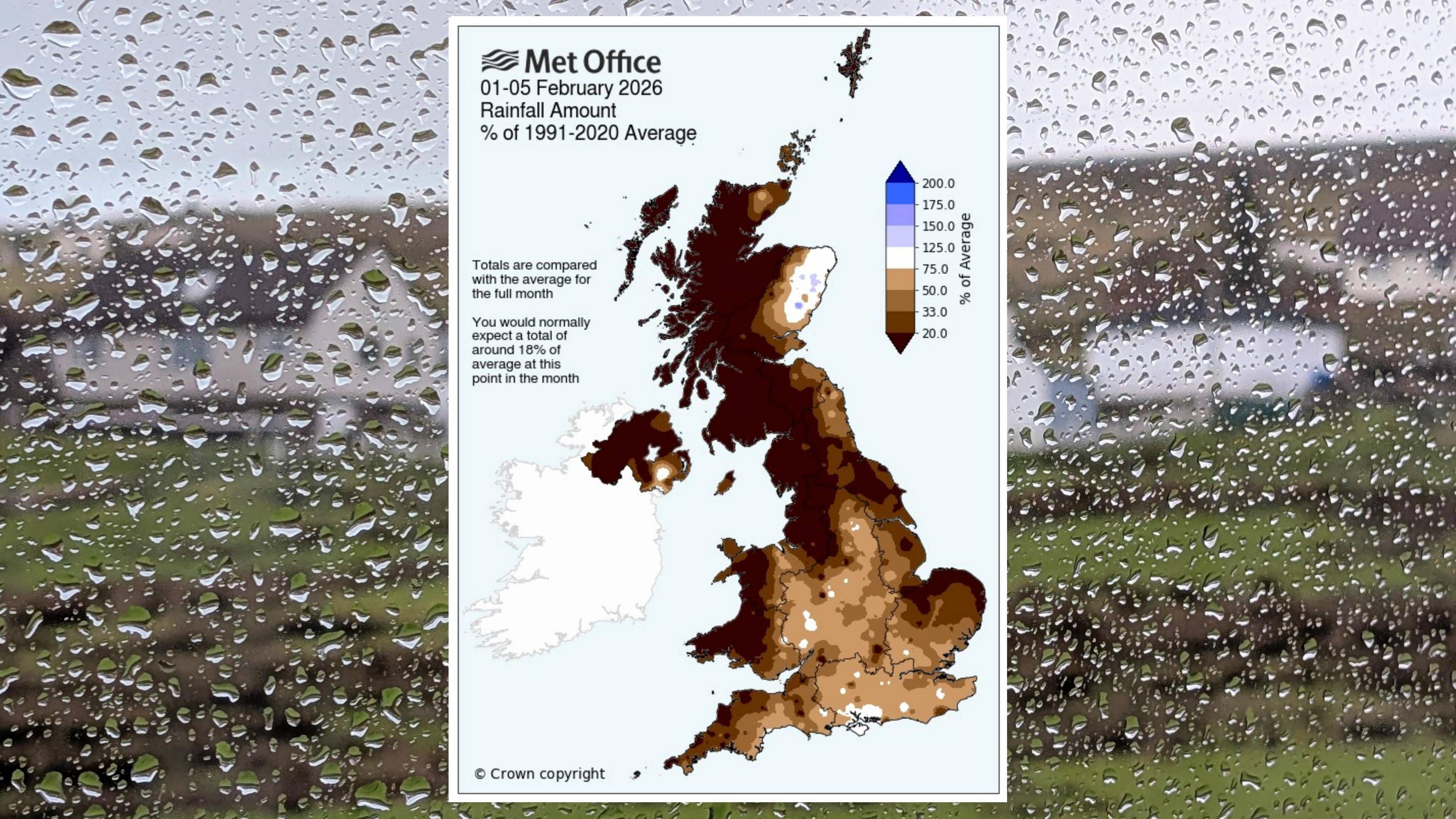 A map showing rainfall anomalies for the UK, comparing 1-5 February with expected rainfall for the whole of an average February. White and blue colours in areas of southern England, the Midlands, East Anglia, Northern Ireland and eastern Scotland show areas that have already had close to, or more than, than their average February rainfall.