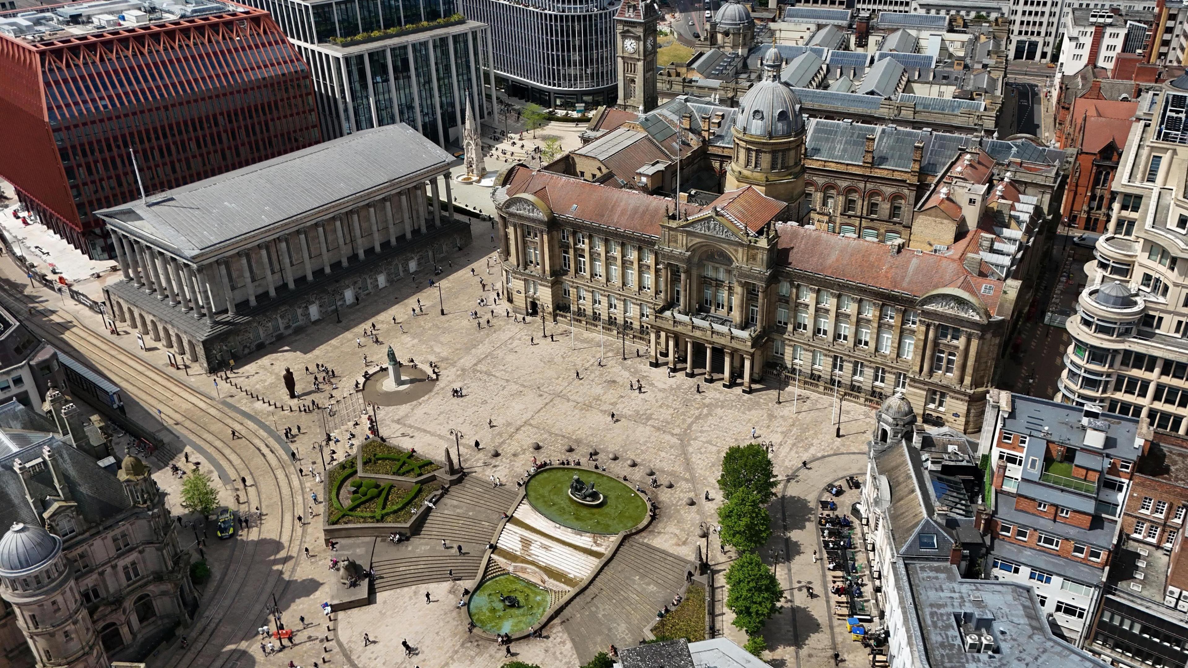 An aerial image of Victoria Square including the council house and Town Hall. 
