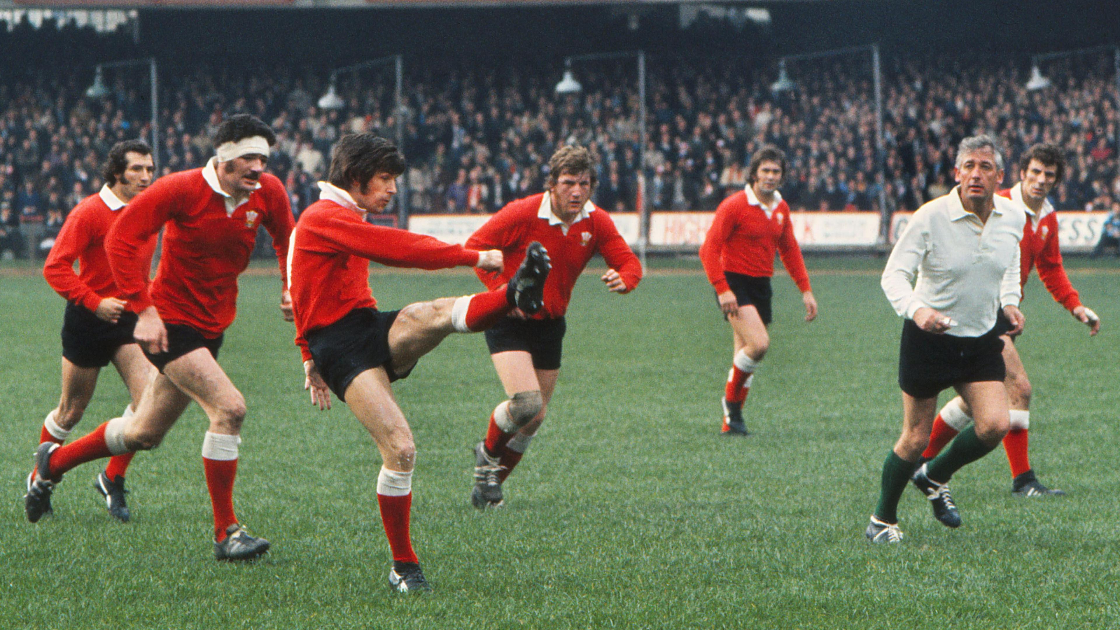 Barry John kicks for Wales during the 1972 Five Nations Championship