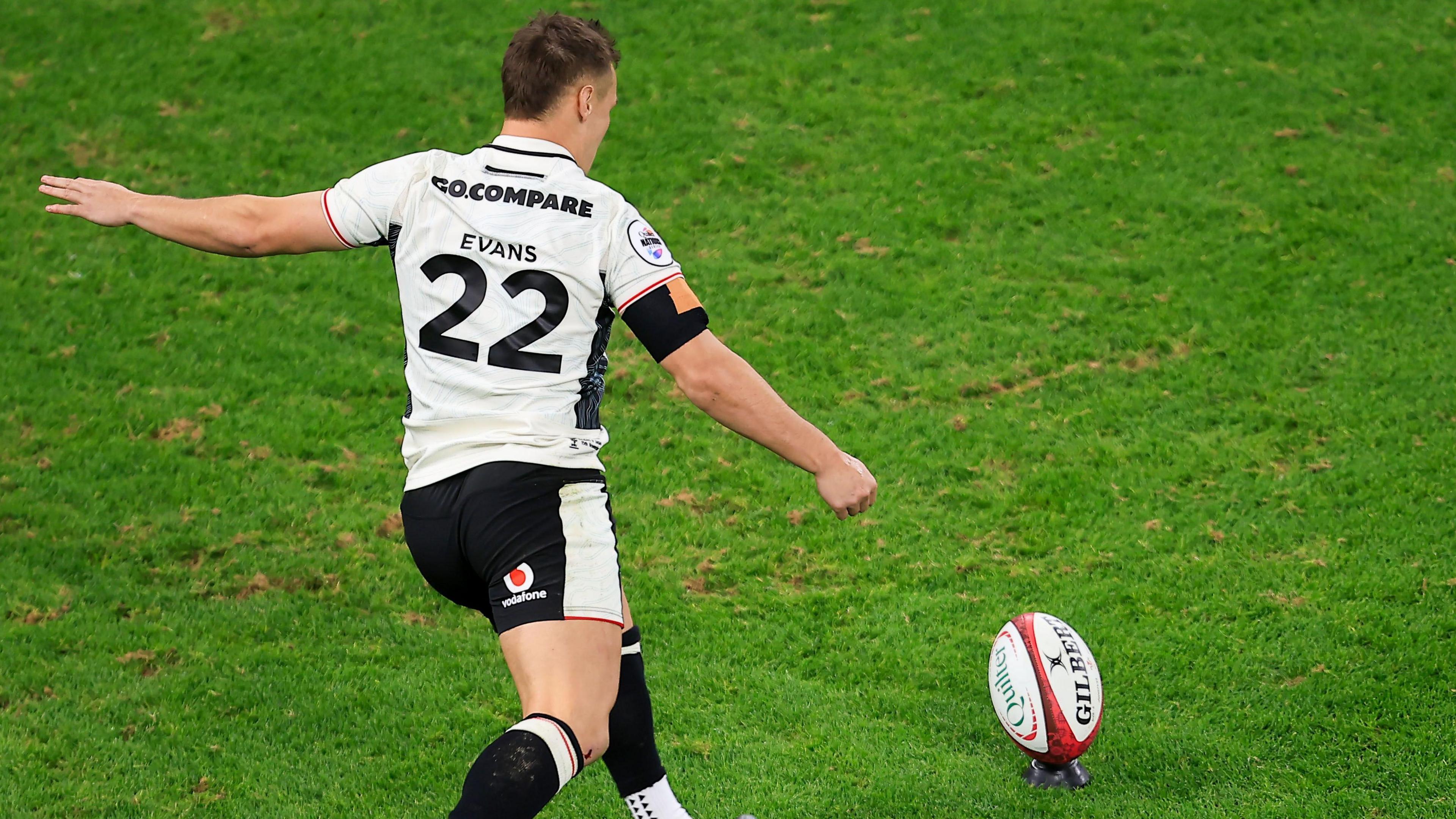 Jarrod Evans, who plays his club rugby with Harlequins, kicks the winning penalty against Japan