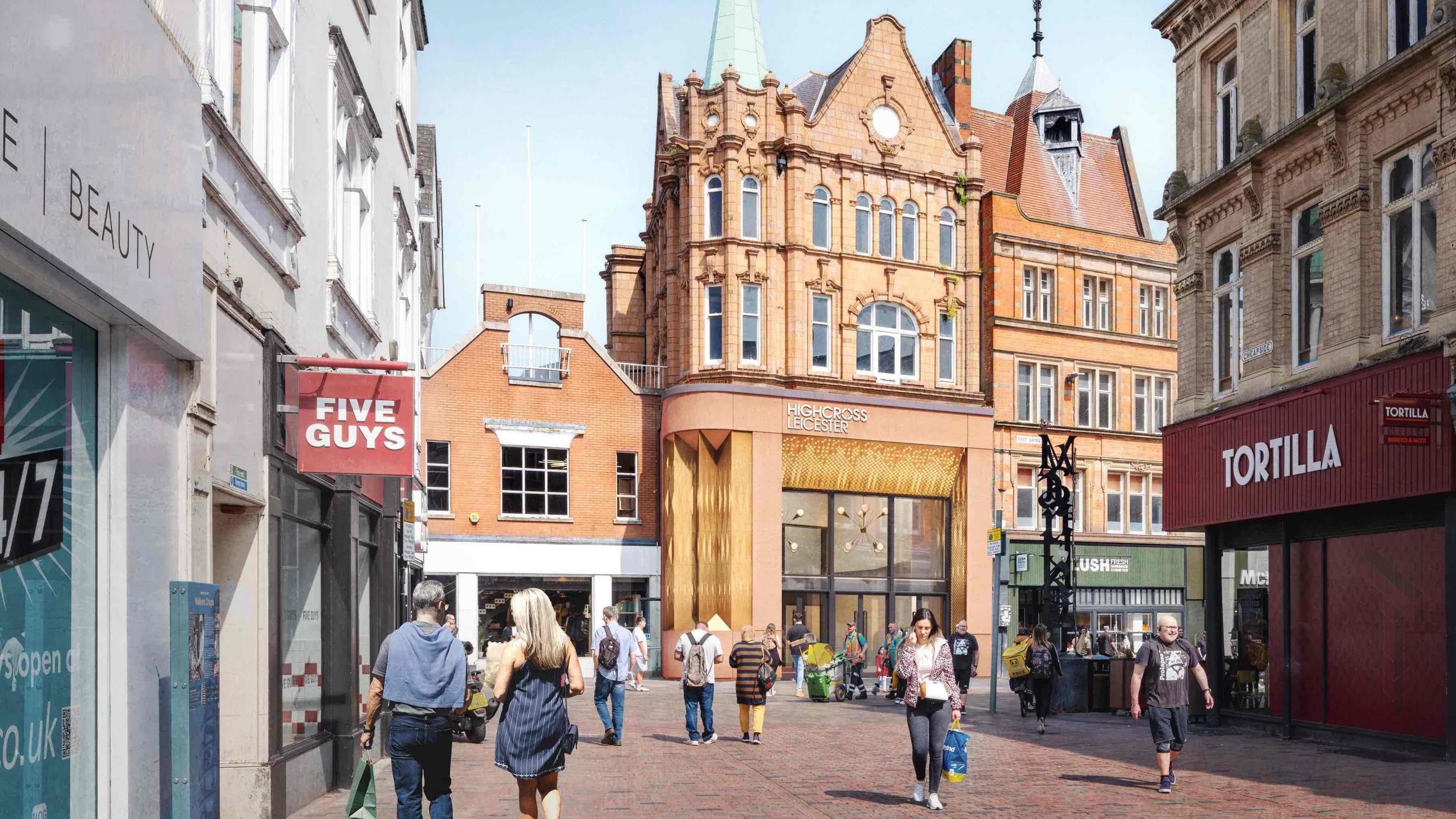 An artist's impression of Highcross Shopping Centre in Leicester will look after redevelopment.  Men and woman can be seen heading to and from shops with one in the background having the sign "Highcross Leicester" on it.