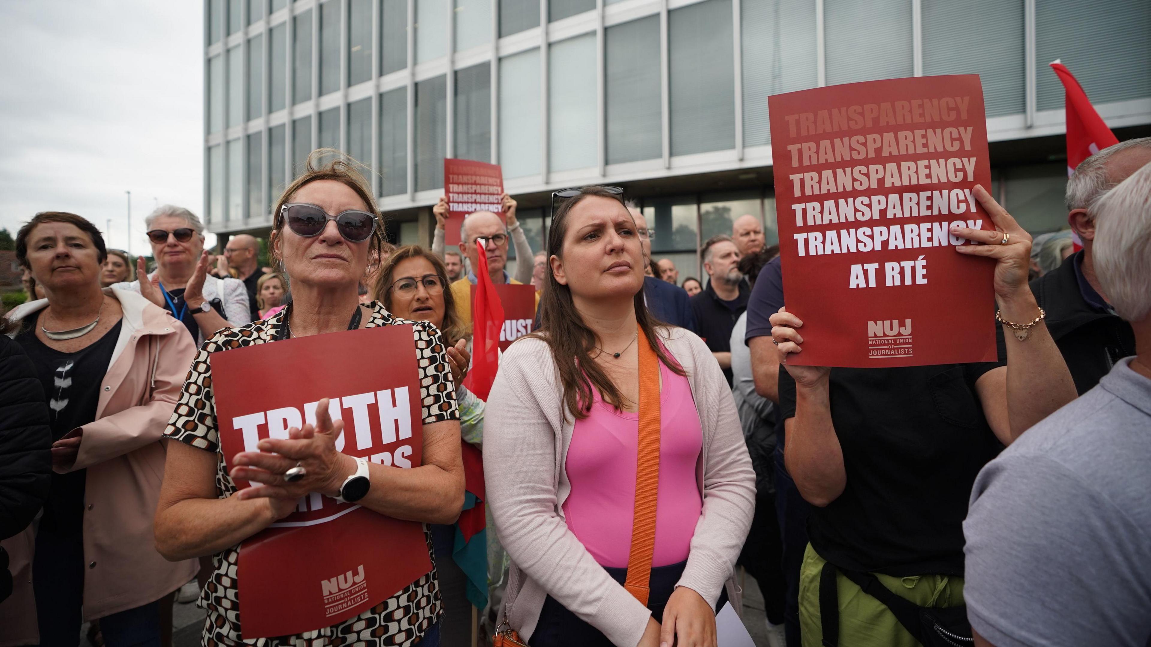 Staff protest outside RTÉ offices at it's headquarters in Donnybrook