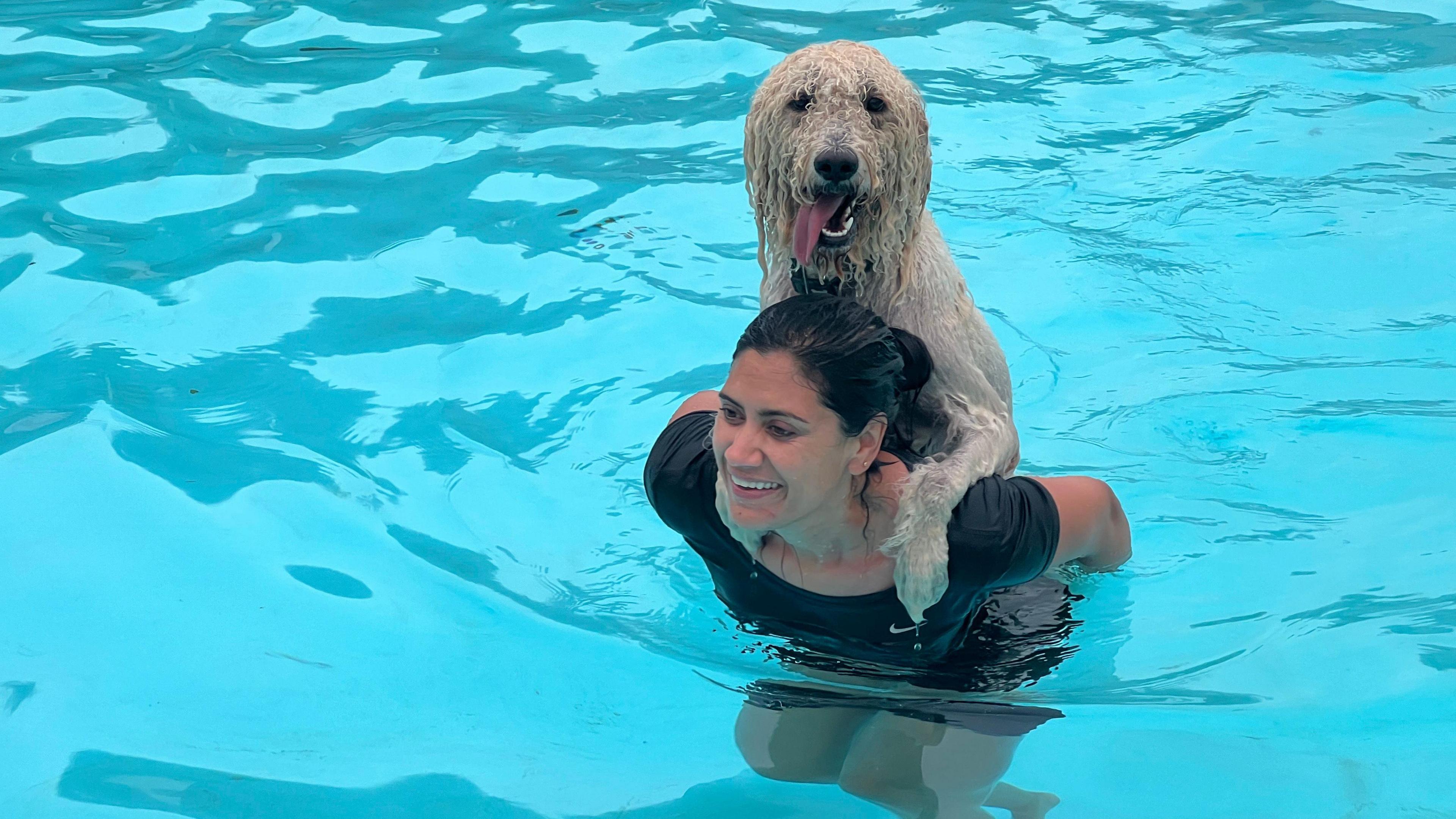 Lindsey Holt holding Ziggy on her back in side the water 