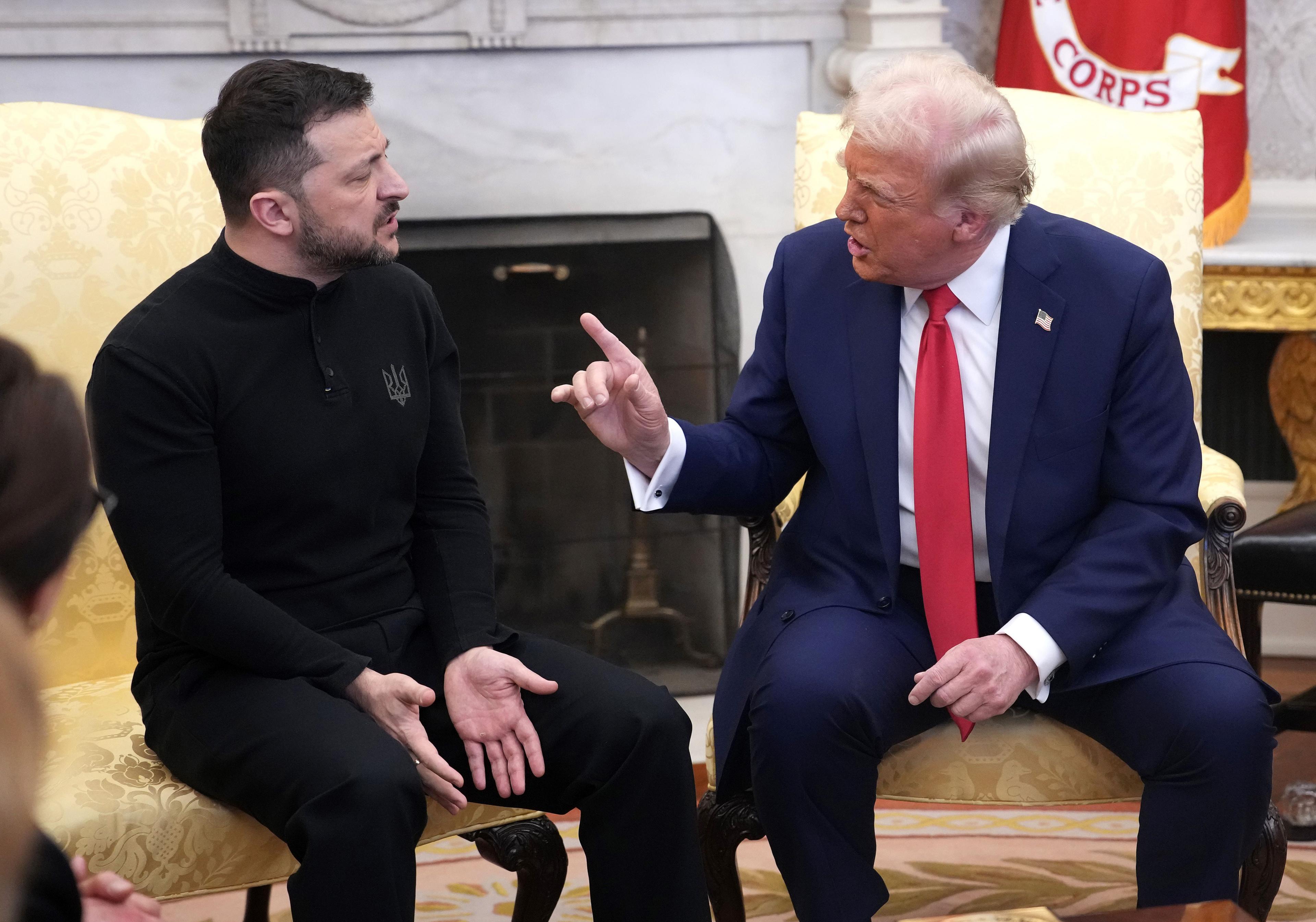 President Donald Trump and Ukrainian President Volodymyr Zelensky meet in the Oval Office at the White House. 