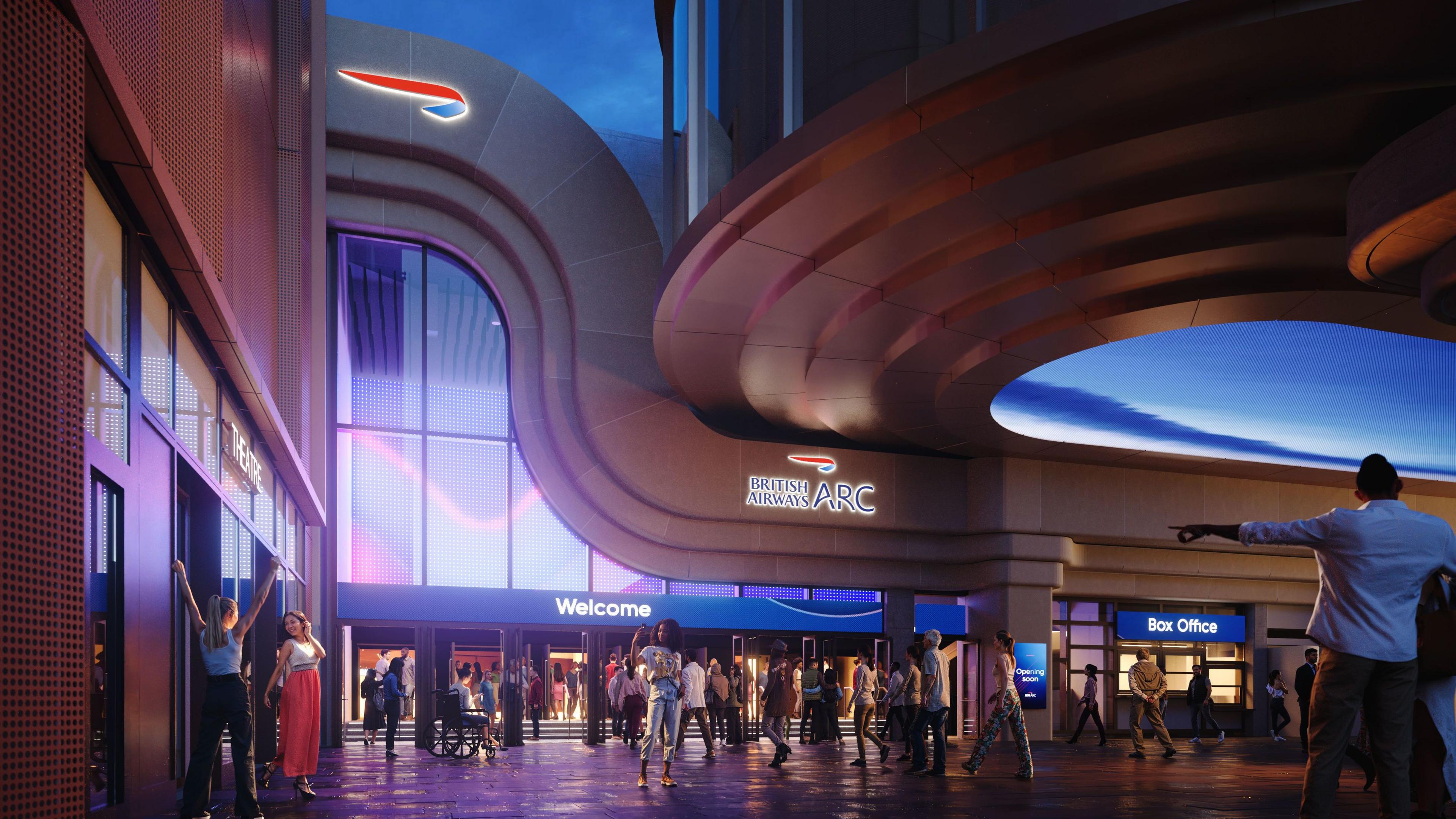 A computer generated image of the music venue, with people seen in front of the entrance.