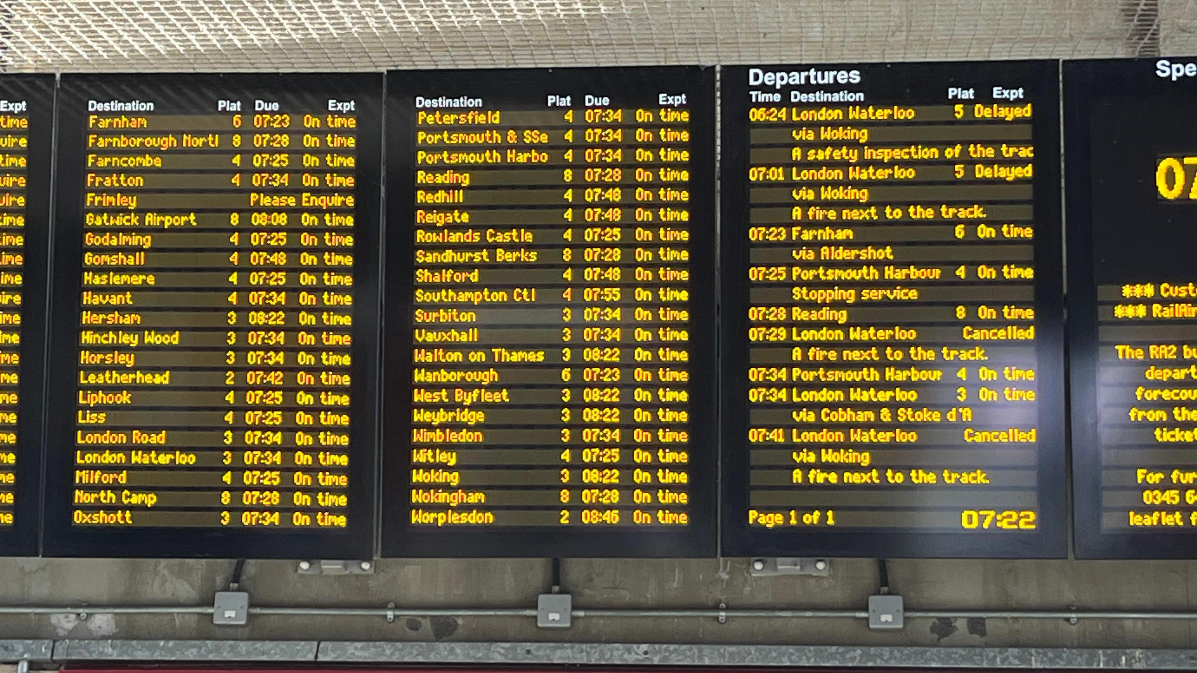 A timetable showing cancelled trains at Guildford Station on Wednesday