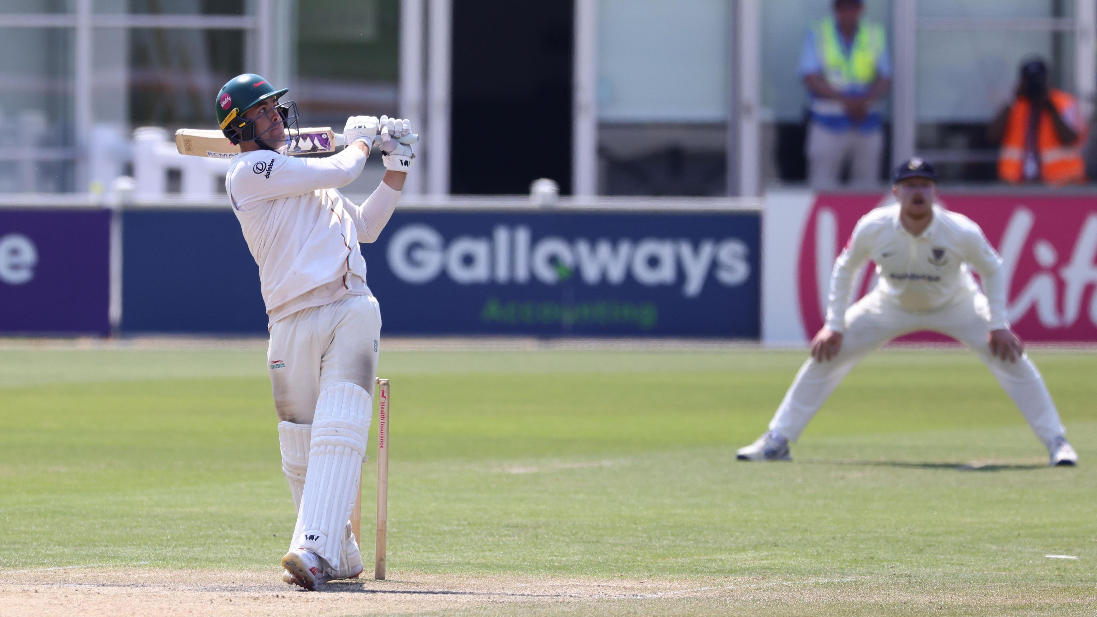 Louis Kimber pulls Ollie Robinson for six on the final day of the Vitality County Championship Two match between Sussex and Leicestershire