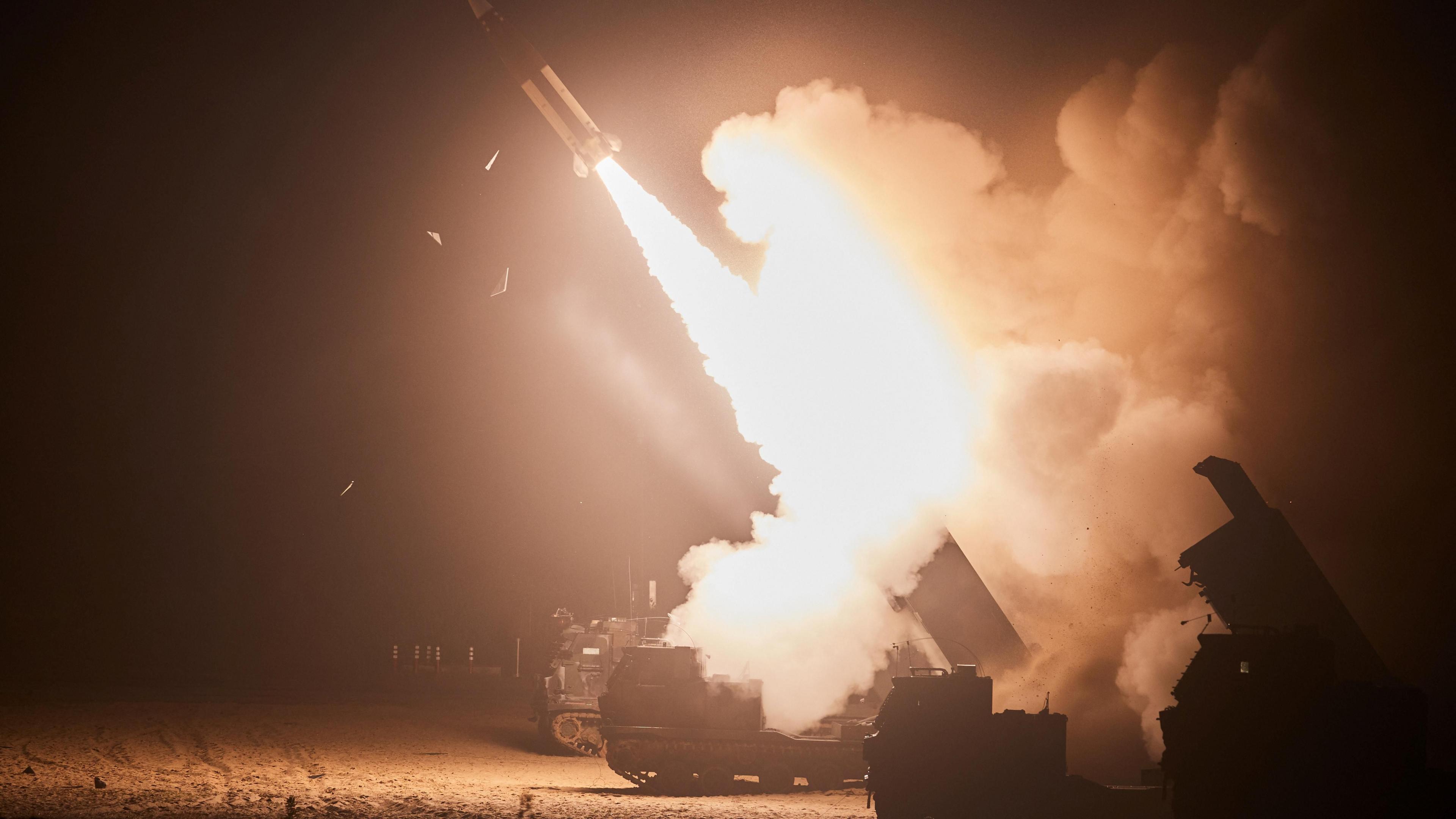 Atacms missile is fired from a mobile launcher during joint US-South Korea training exercise, June 2022