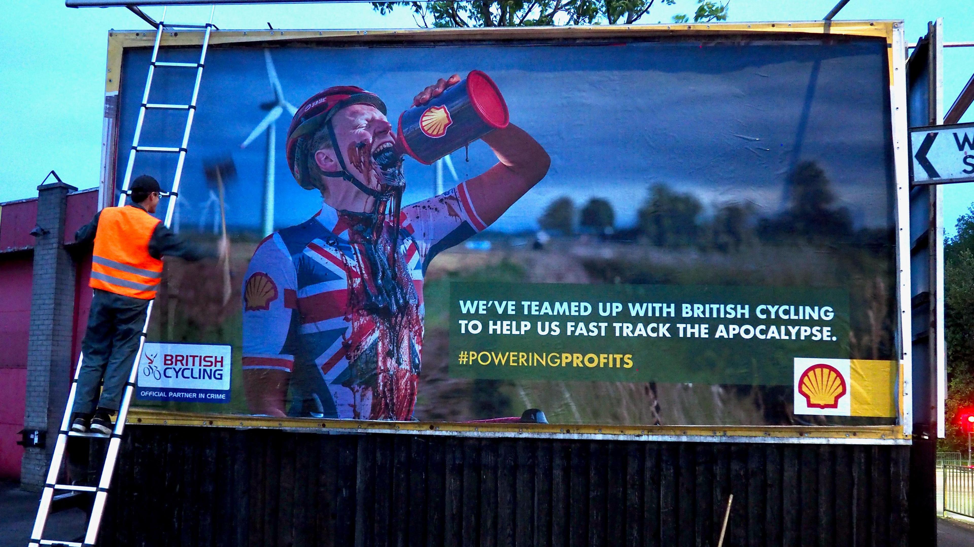 A satirical artwork showing a cyclist drinking oil