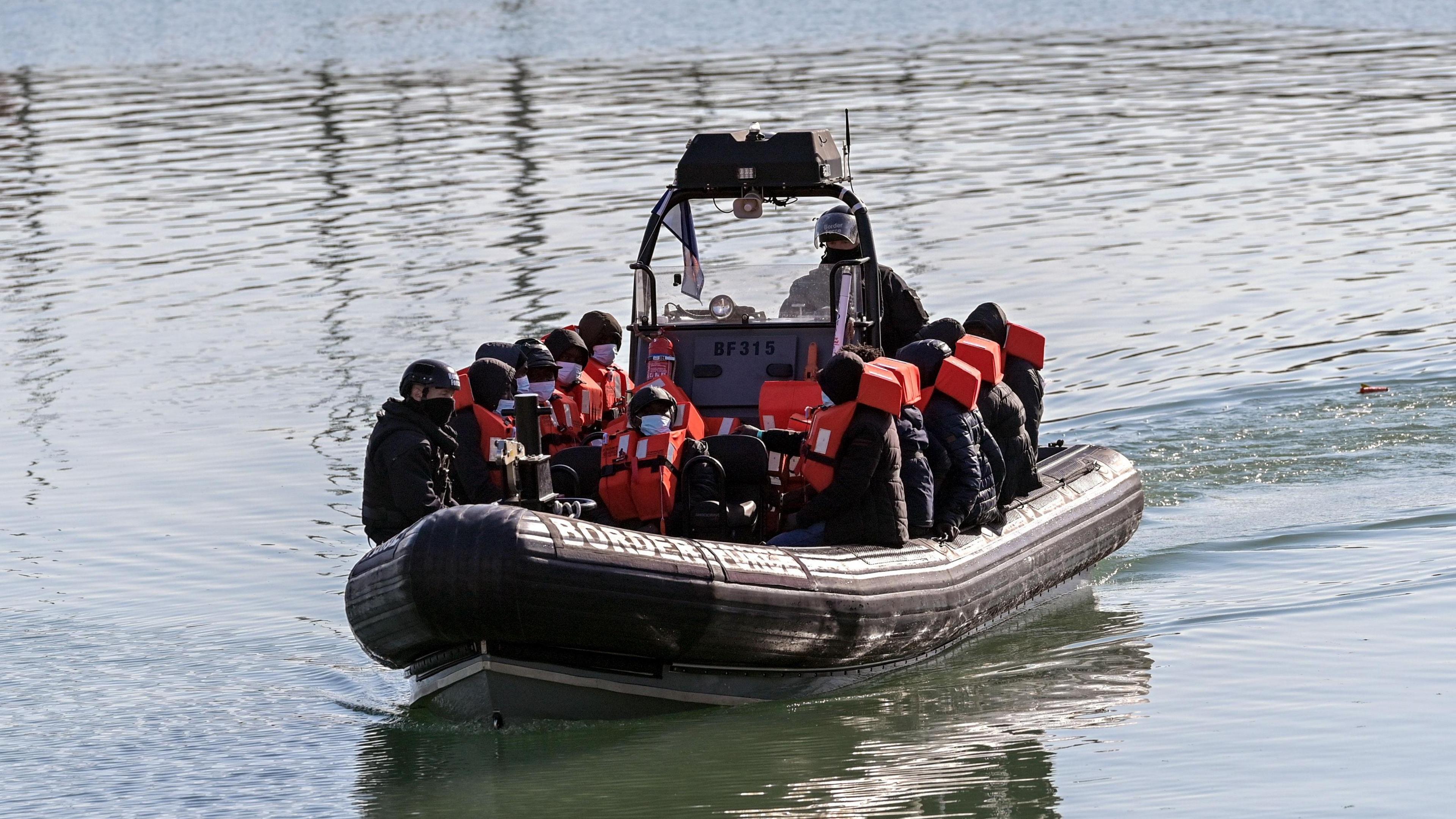 A group of migrants on a raft on the English Channel