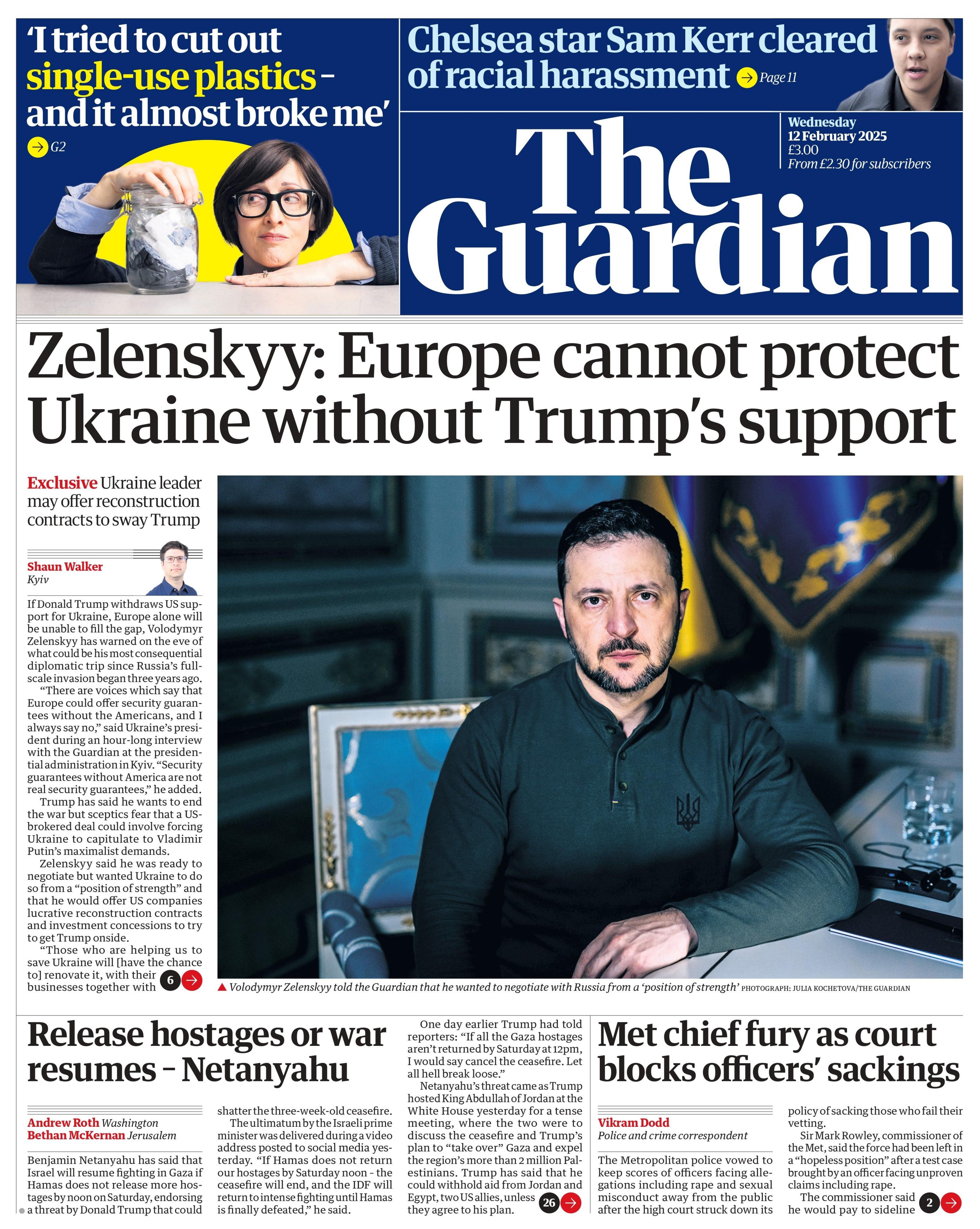 The Guardian: Zelensky: Europe cannot protect Ukraine without Trump's support