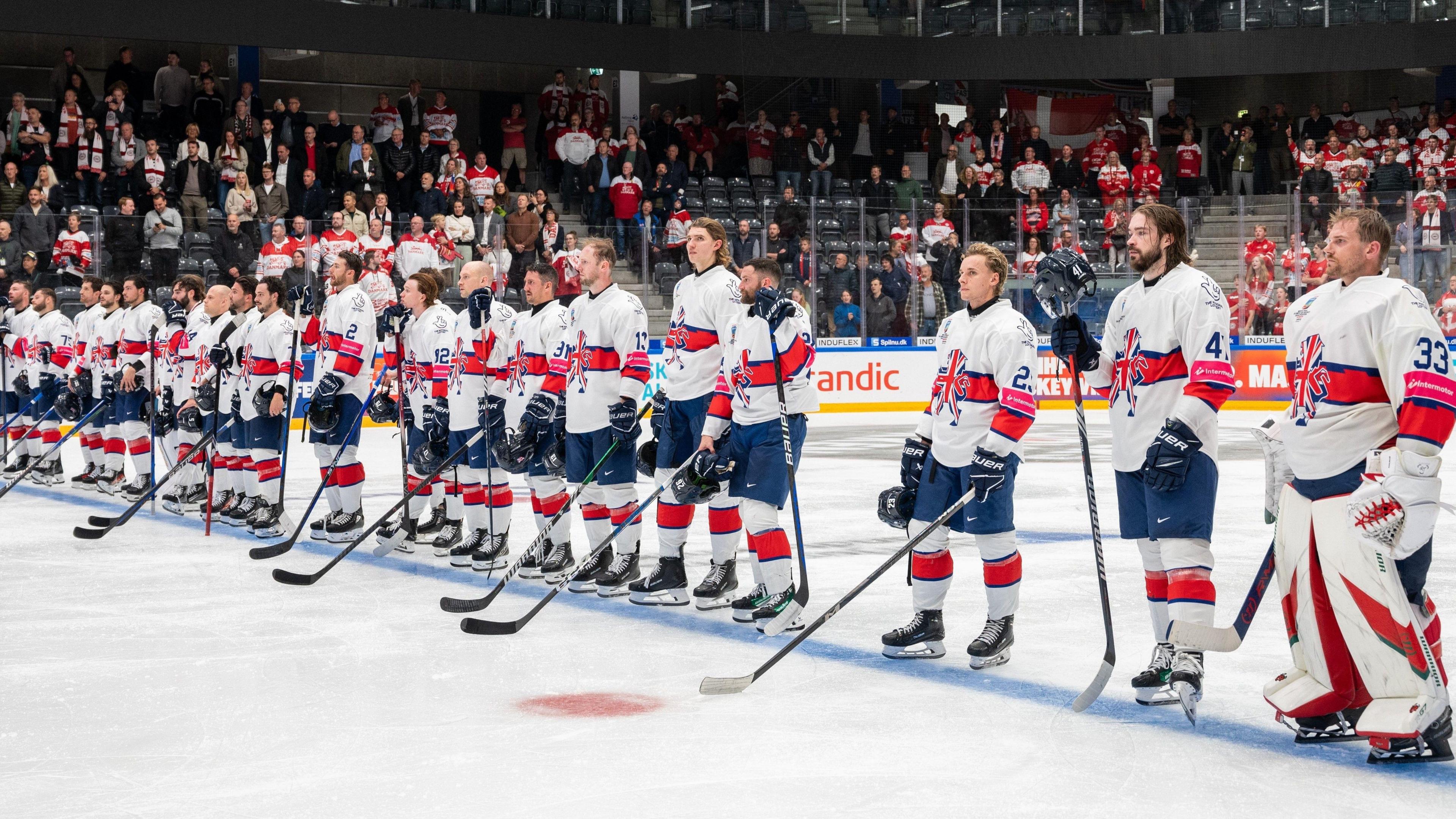 Great Britain's men's ice hockey team line-up before a Winter Olympics qualifying match against Denmark