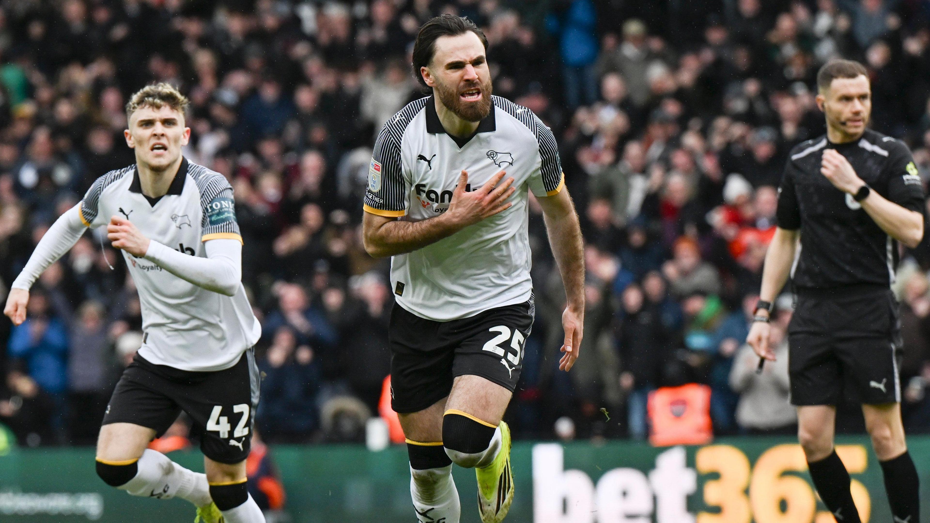 Ben Brereton Diaz celebrates scoring for Derby against his former club Blackburn.