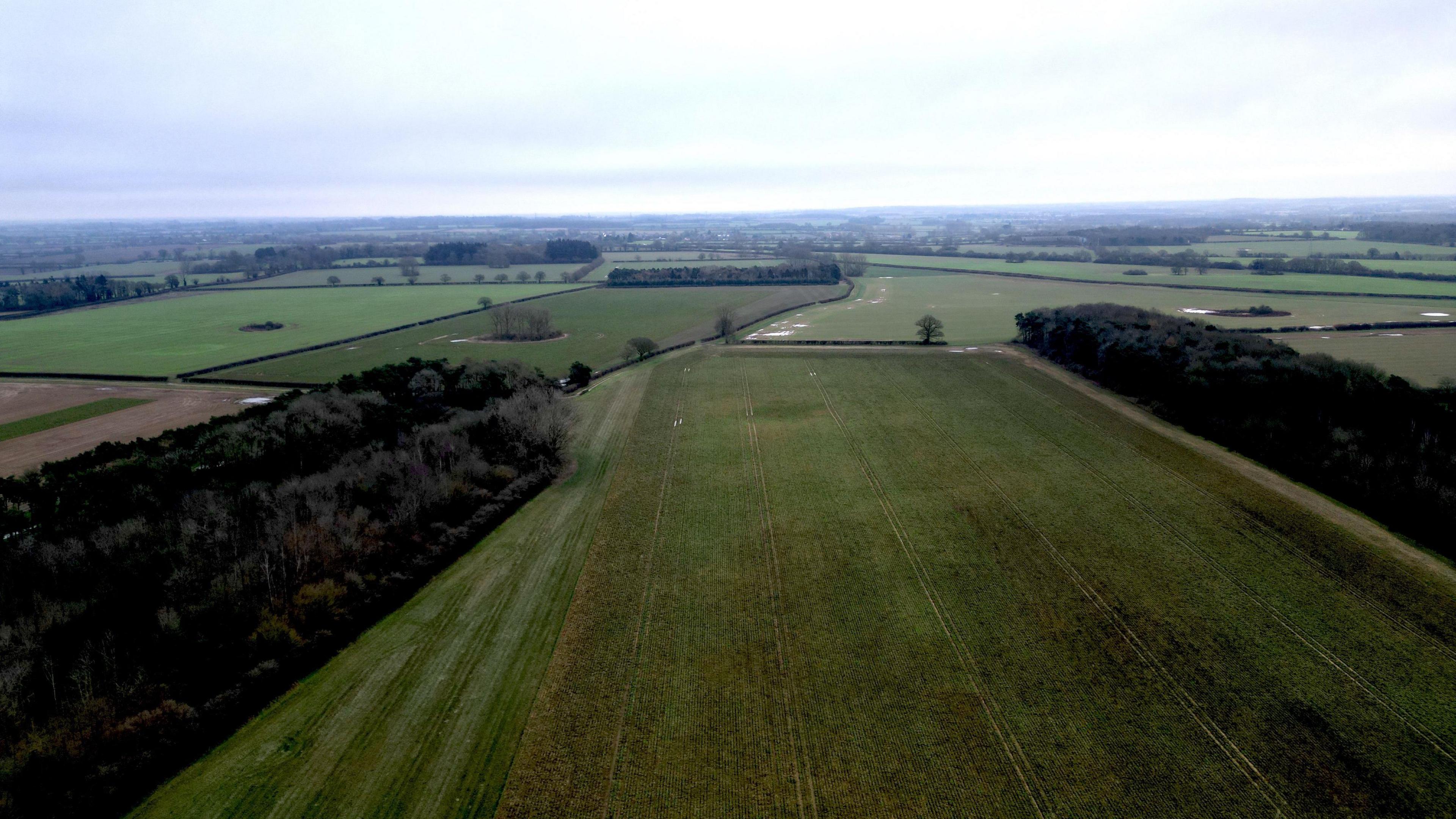 An aerial view of a field, with more fields and patches of woodland beyond it. The field is bordered by two wooded areas and appears dark green in colour. Parallel tram lines from seeding or ploughing can be seen running from the bottom of the image and into the distance. The horizon is visible and the top third of the image is a grey, overcast sky.  