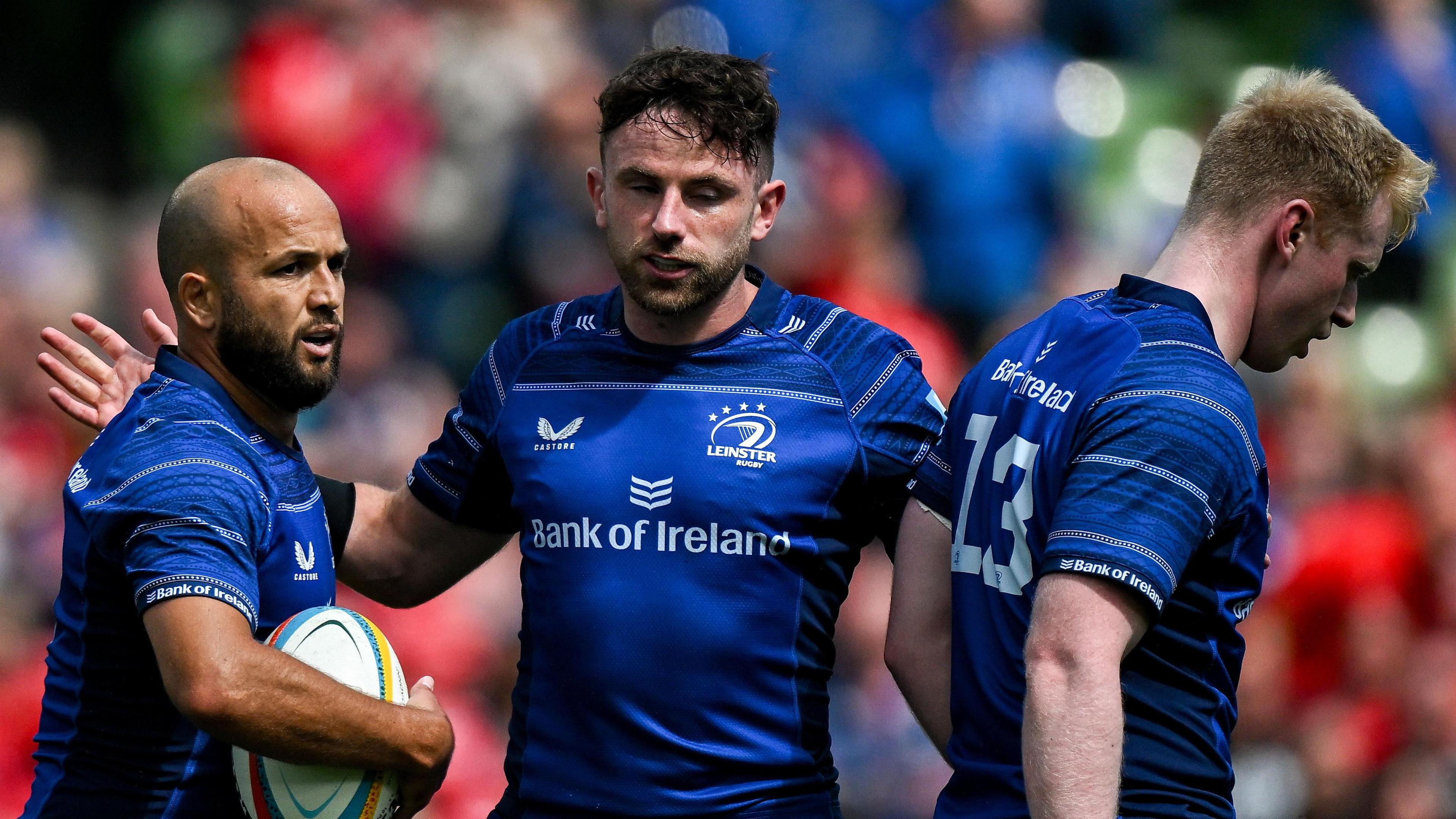 Jamison Gibson-Park, Hugo Keenan and Jamie Osborne celebrate a Leinster try