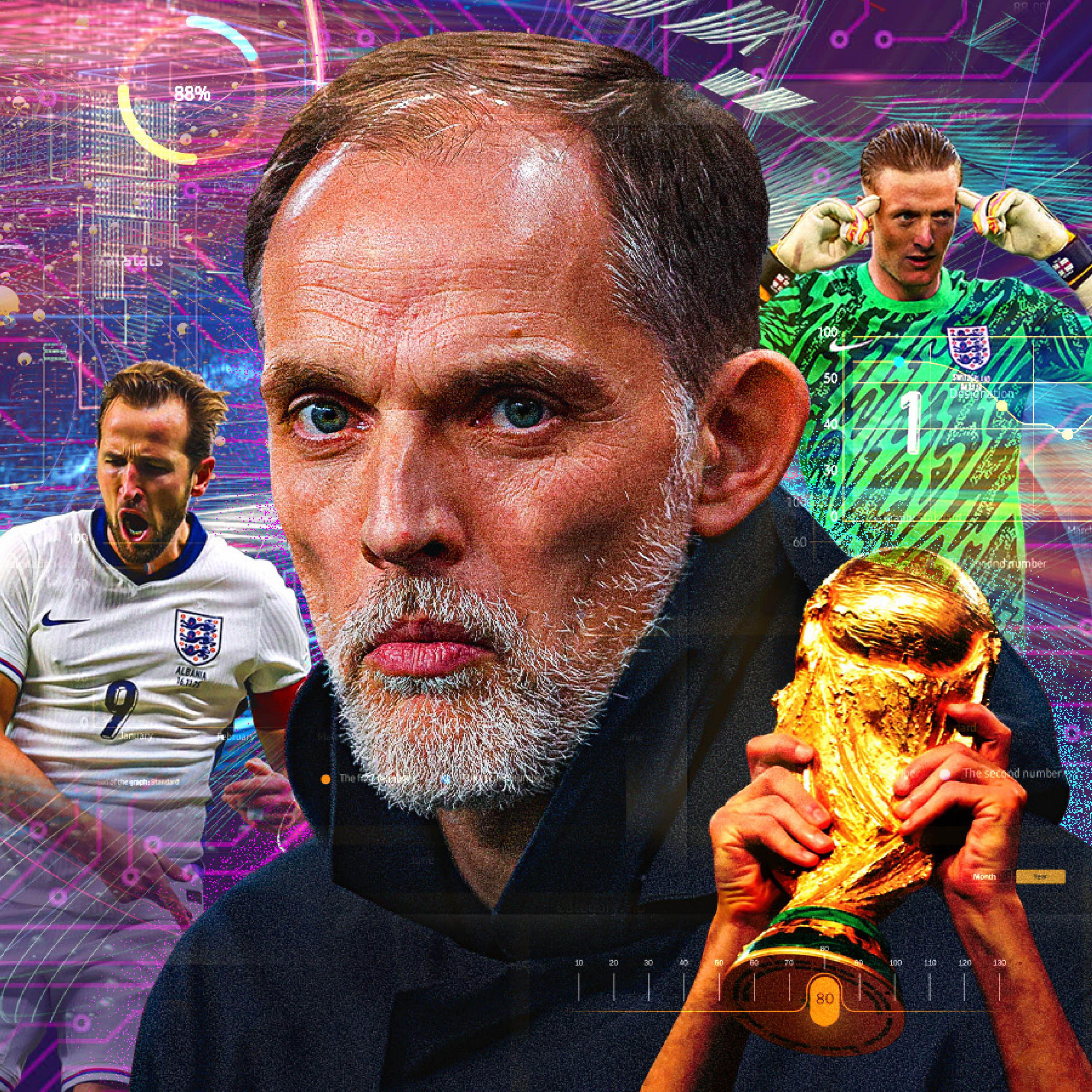 A composition graphic of England manager Thomas Tuchel, captain Harry Kane, goalkeeper Jordan Pickford, the World Cup trophy, and data flashes