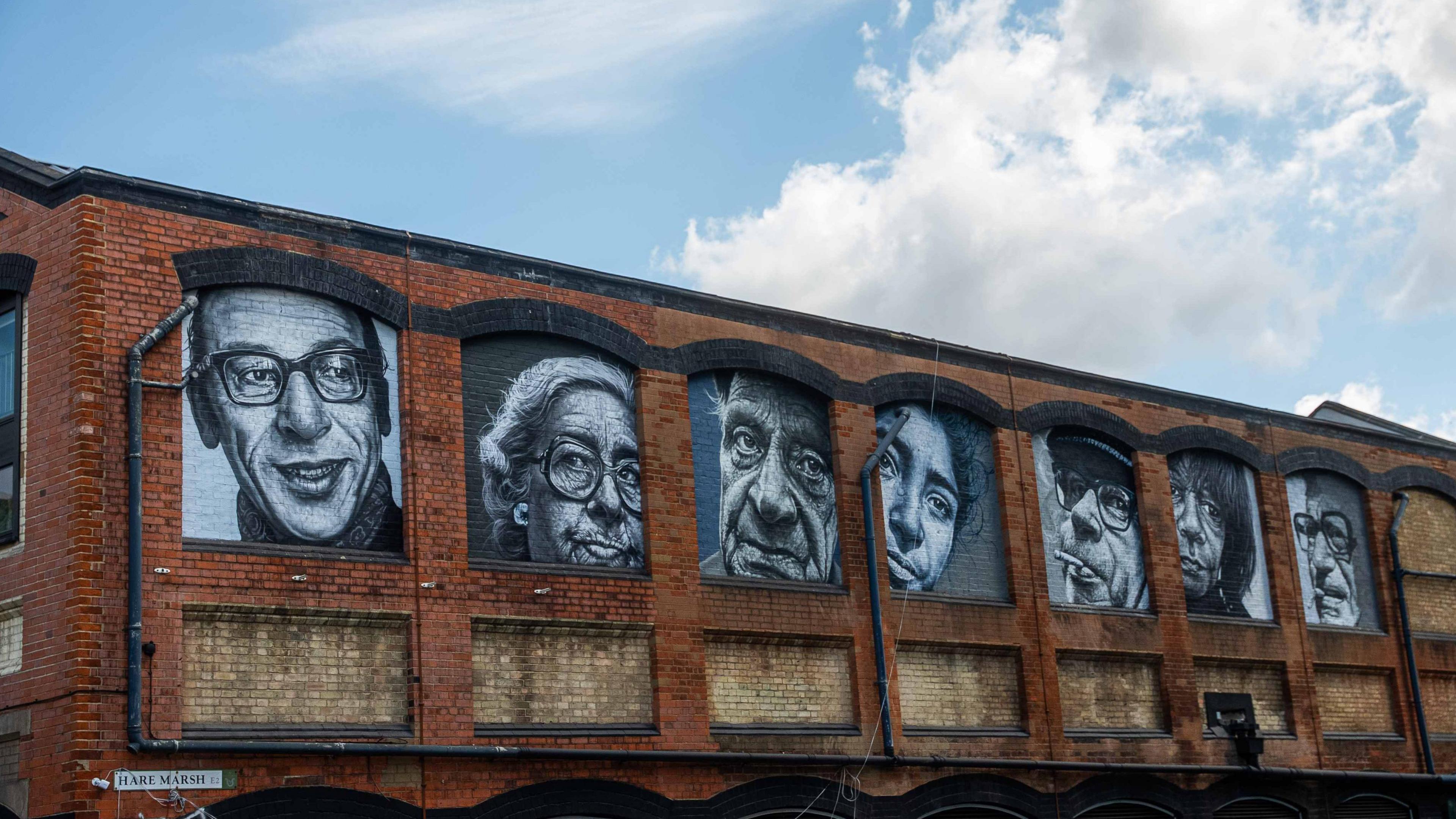 A general view of Abraham O's seven spray-painted black and white up-close murals on Hare Marsh in Shoreditch.