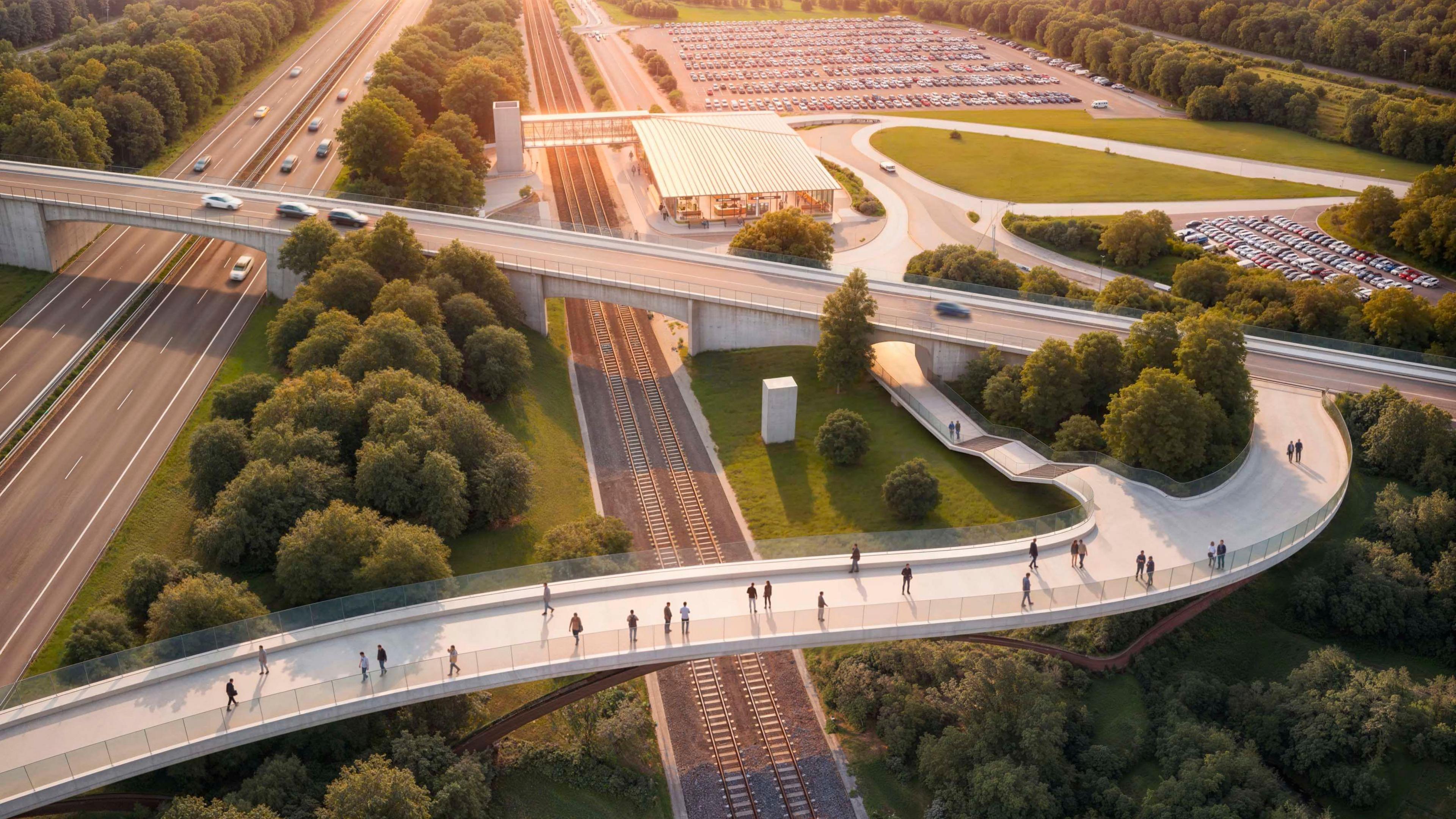 An artist's impression of the project's new footbridge concept, with people walking on it.