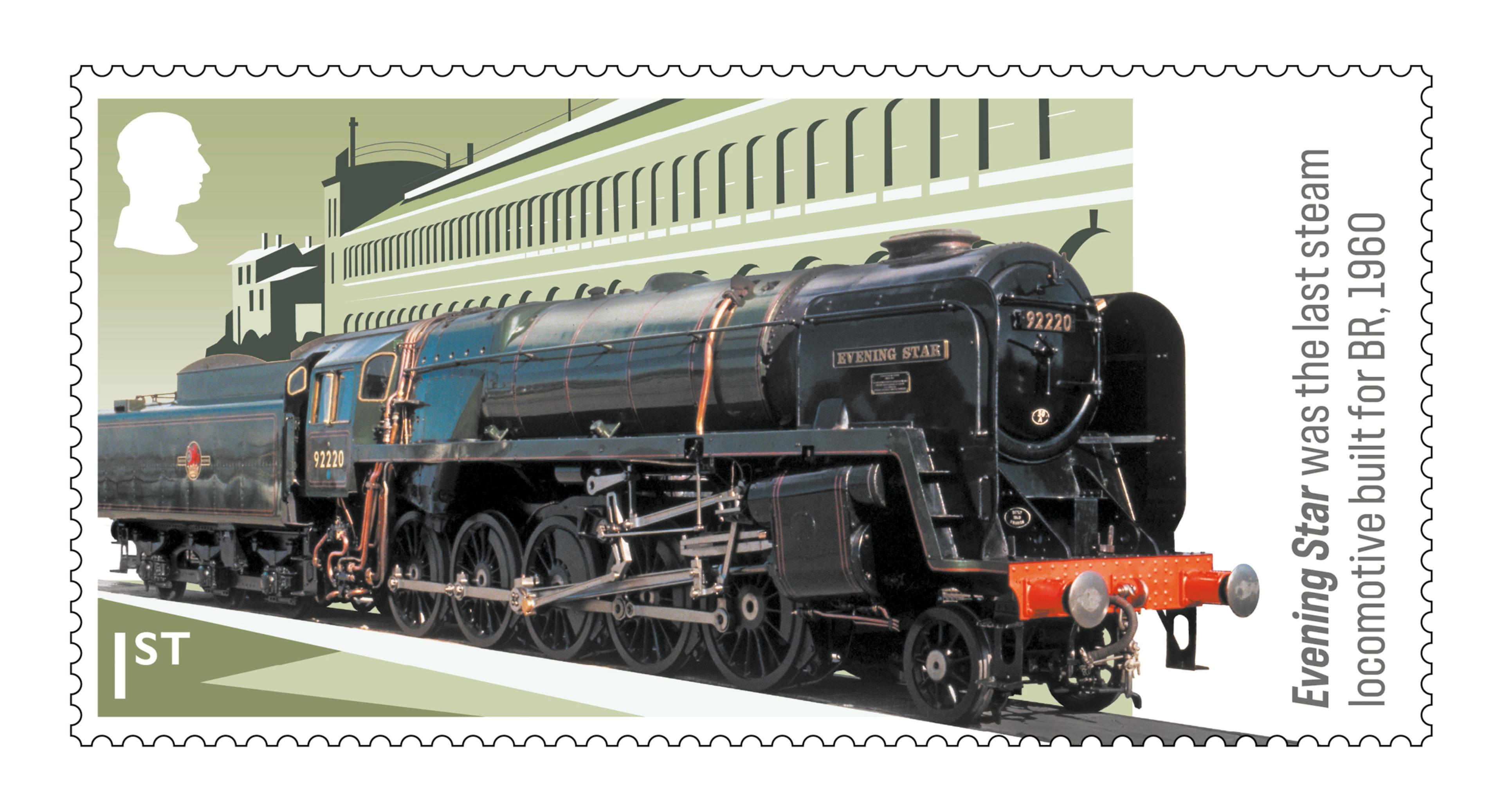 Evening Star stamp, one of a set of six stamps to celebrate British steam locomotives and the development of UK railways.