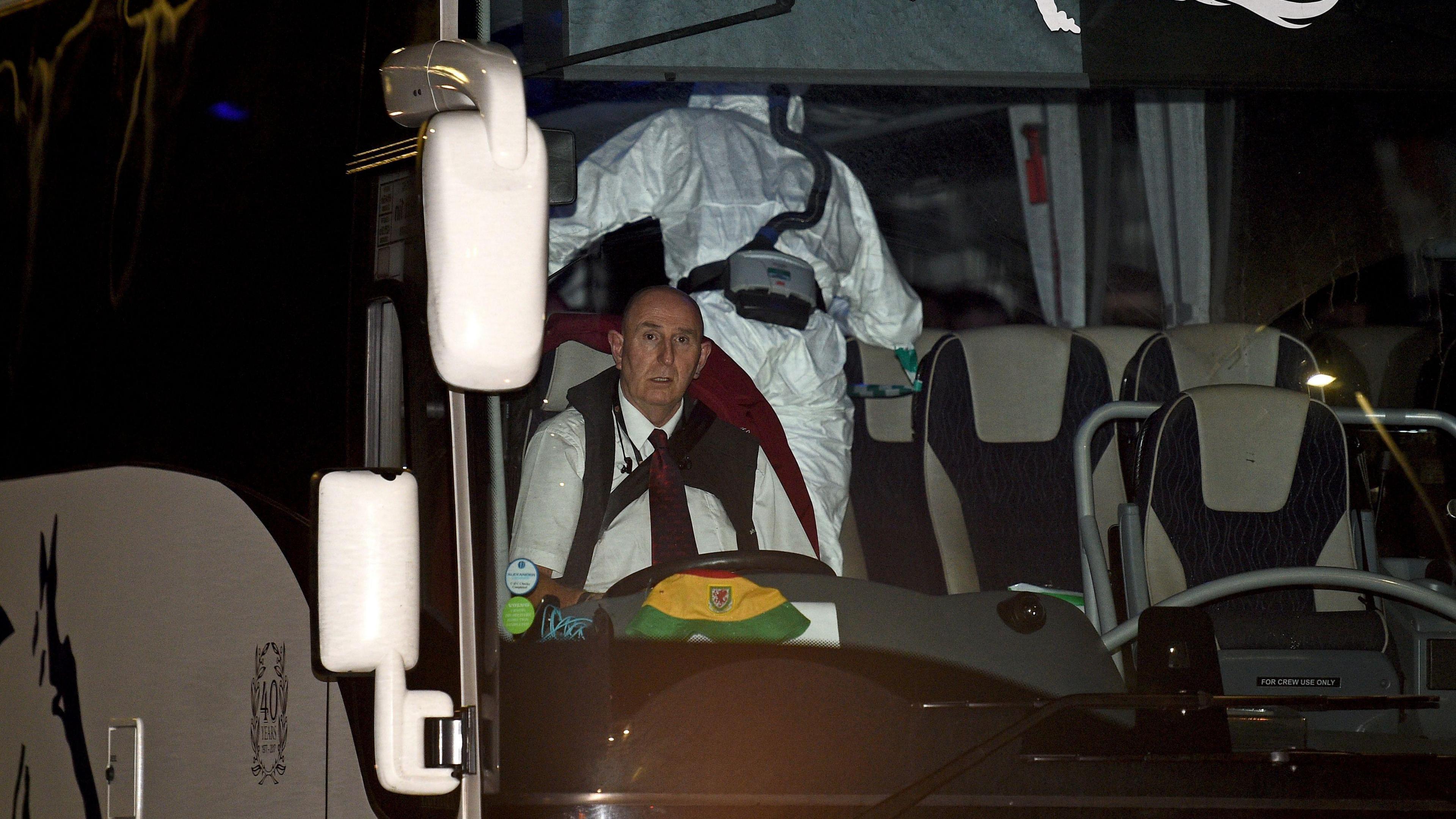 Andy Simonds' bus arriving at Arrowe Park Hospital, Wirral, carrying British passengers on the evacuated flight from Wuhan, China, fleeing the coronavirus pandemic