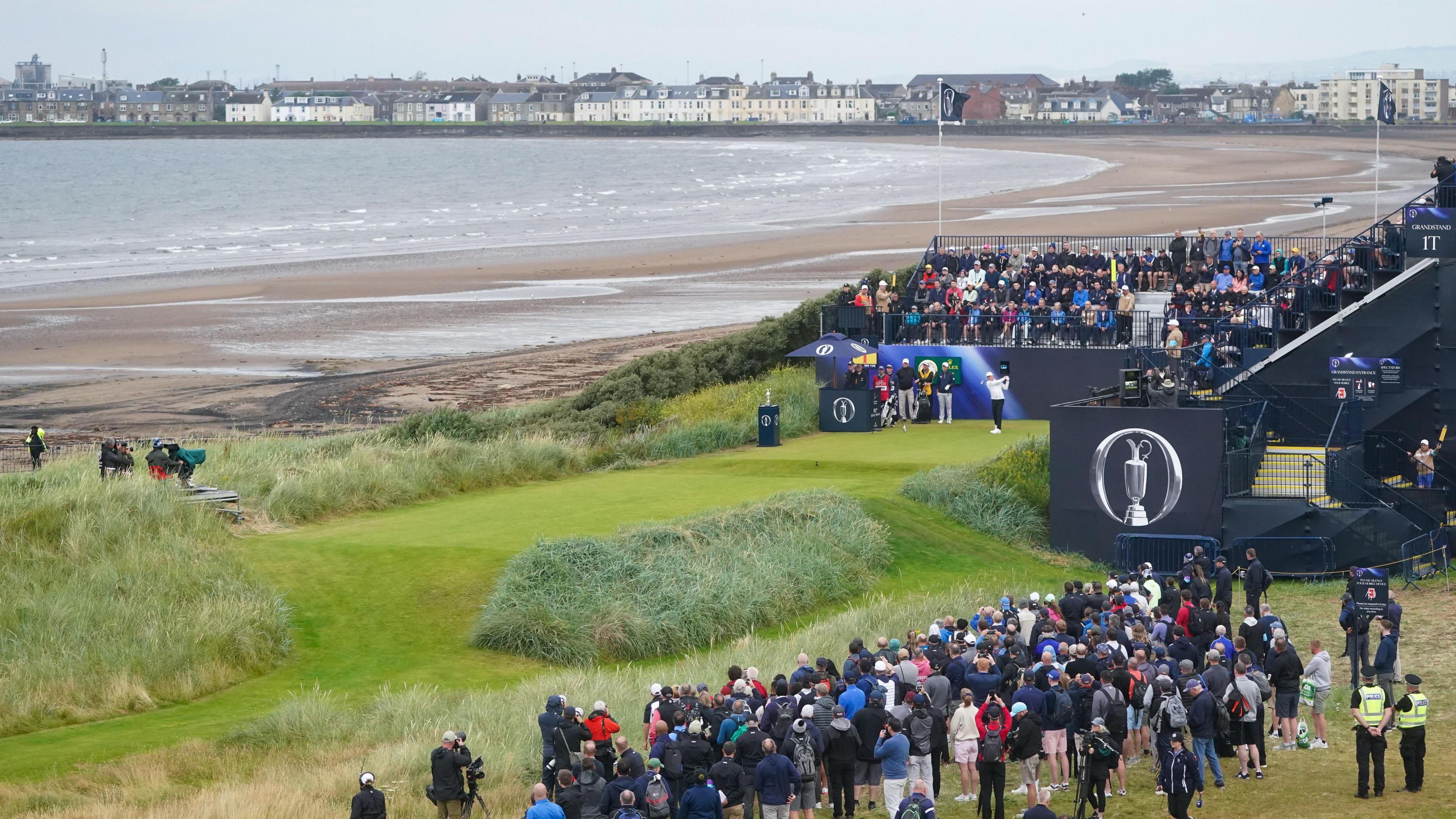 Crowds watching the Open golf tournament at Royal Troon