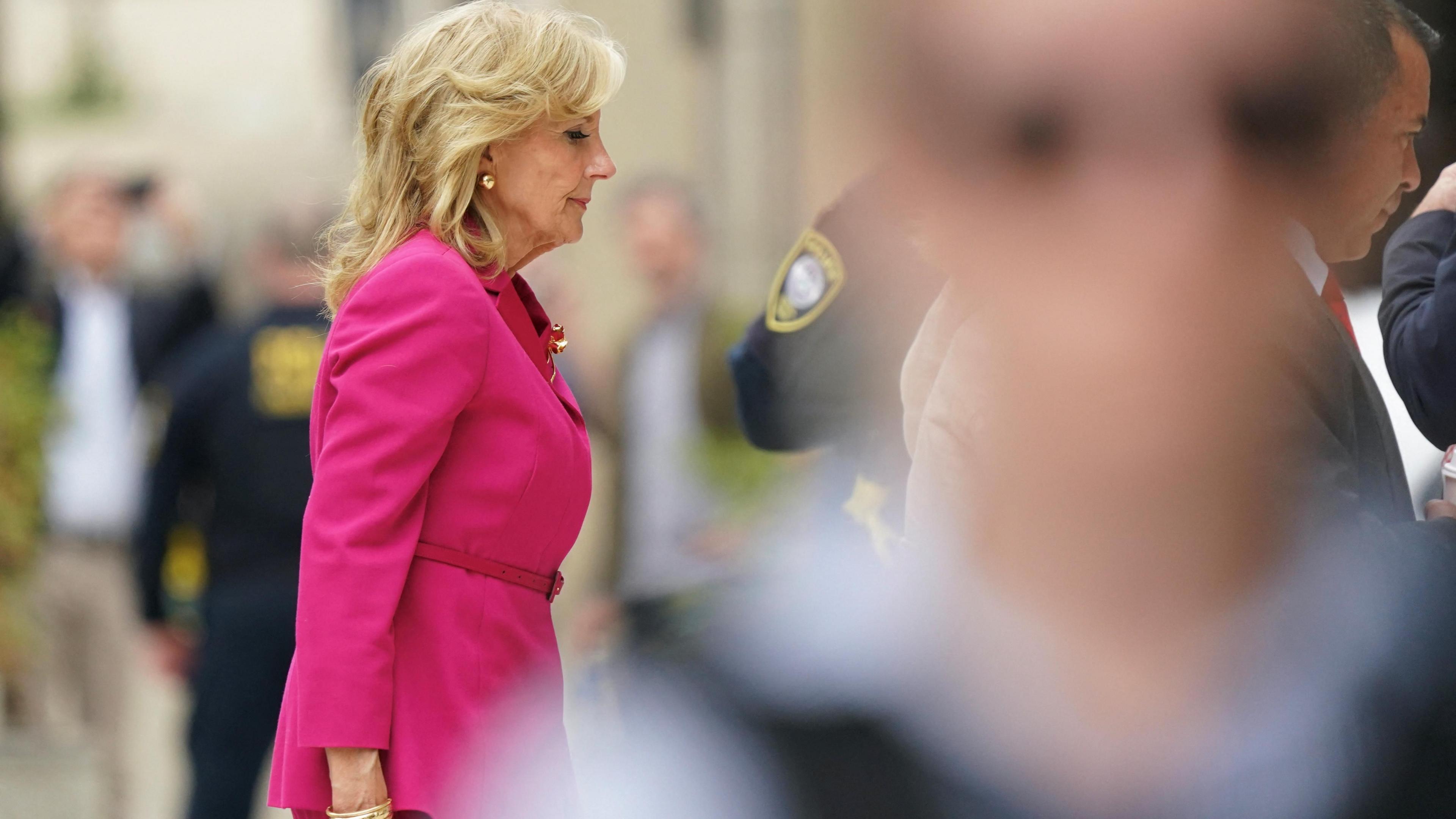 Jill Biden in pink suit, in profile