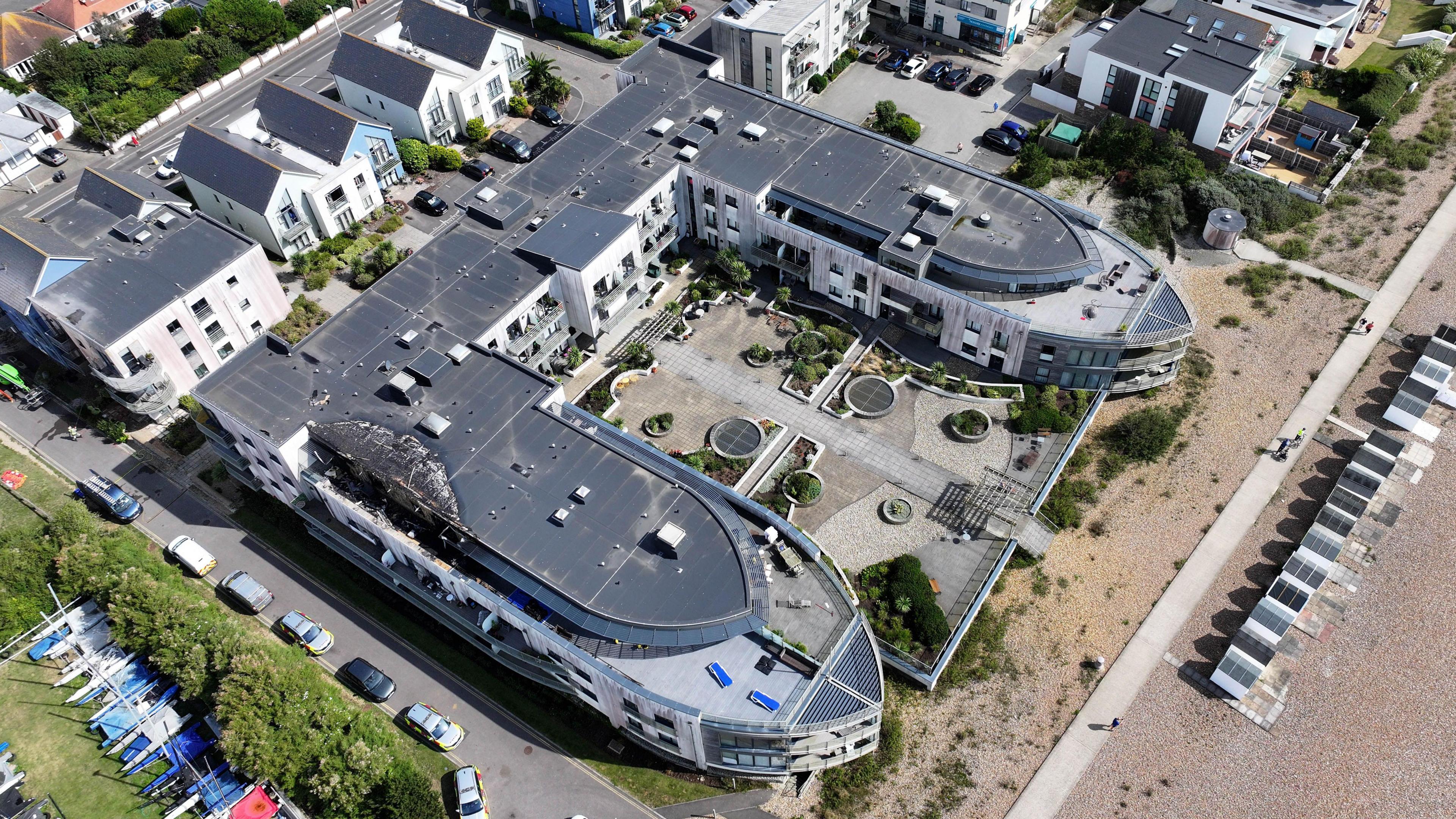 An aerial shot showing the block of flats