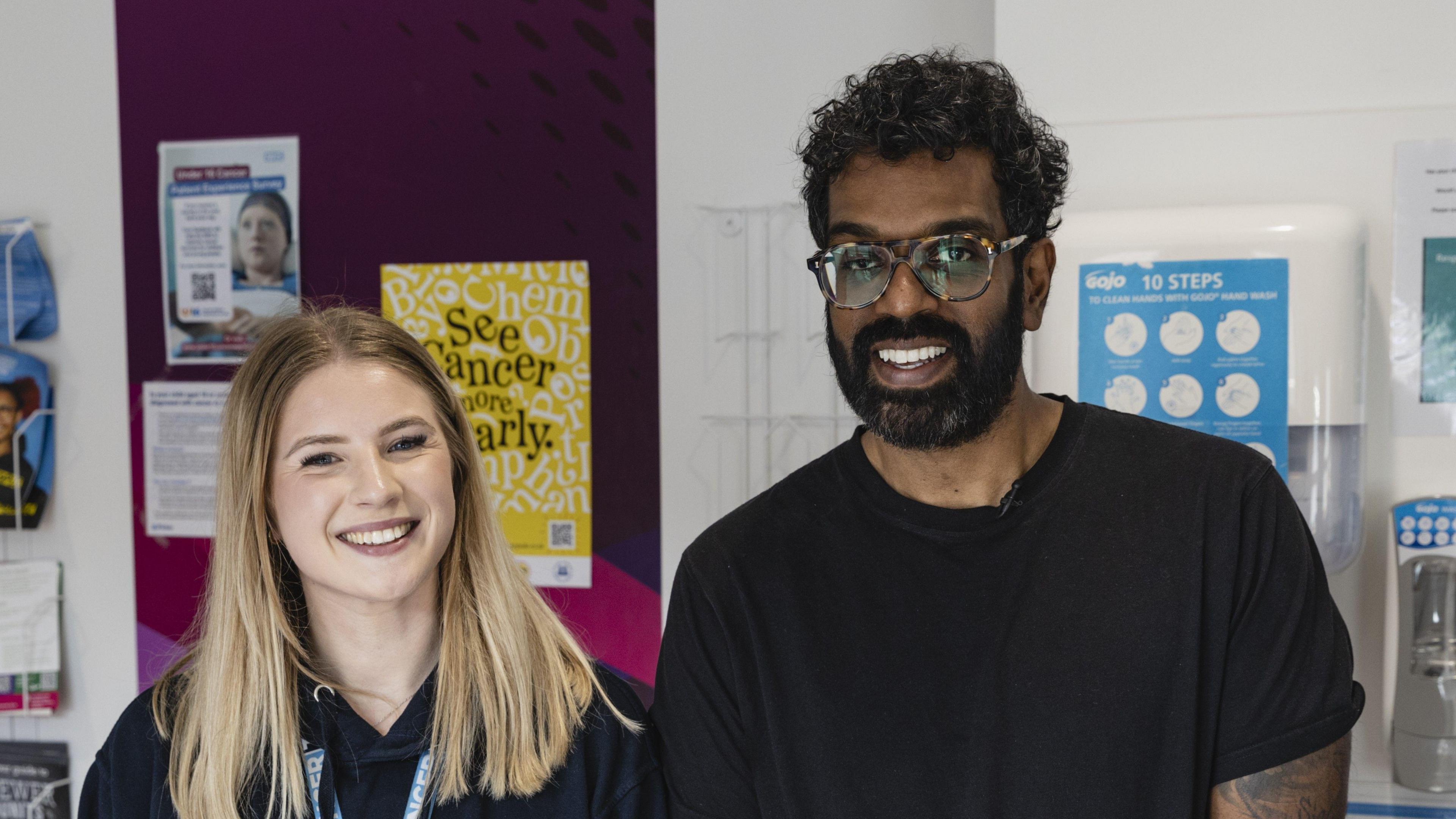 Faye Hindmarsh, Teenage Cancer Trust Youth Support Worker, and Romesh Ranganathan