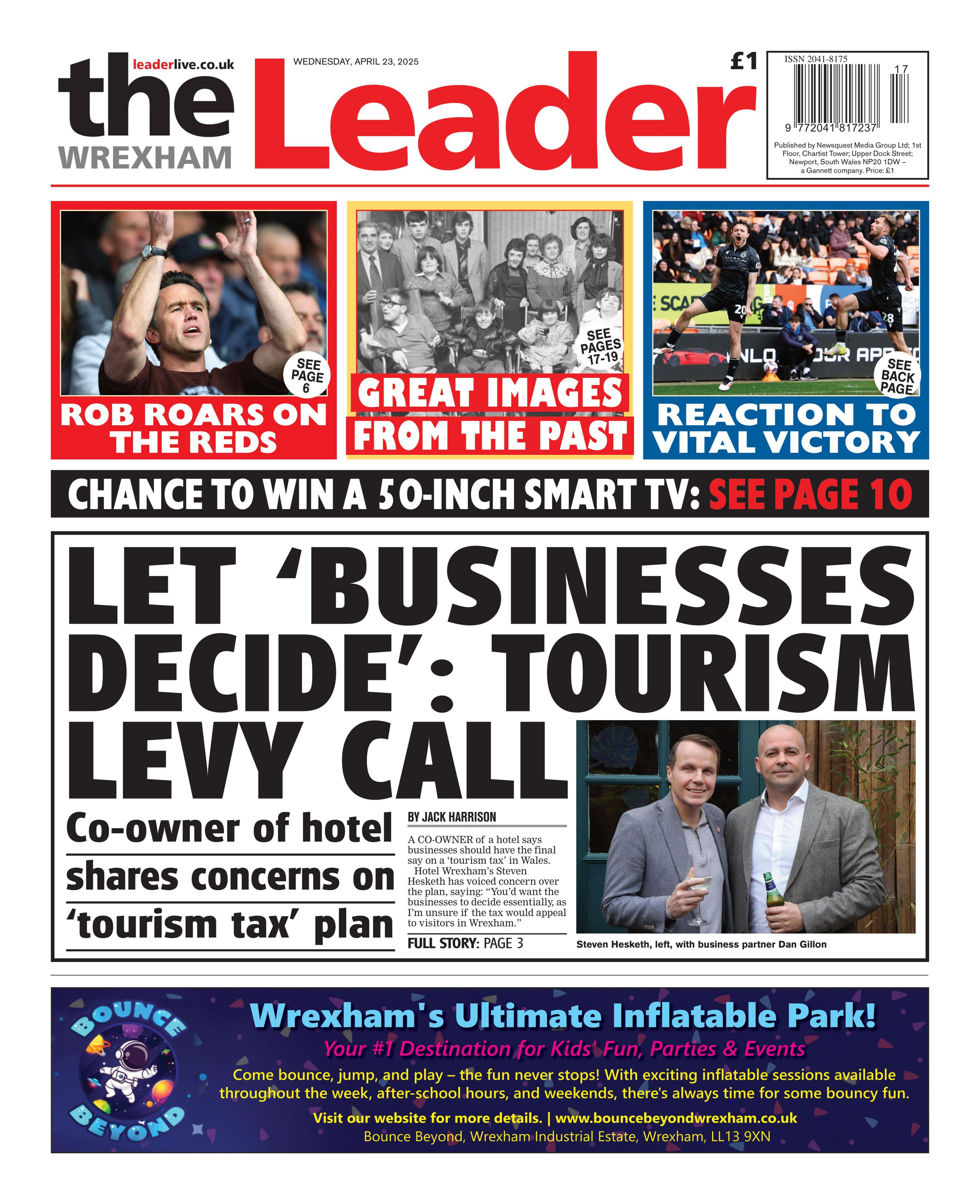Front page of Wrexham Leader with top story on tourism tax plans and co owner of hotel pictured