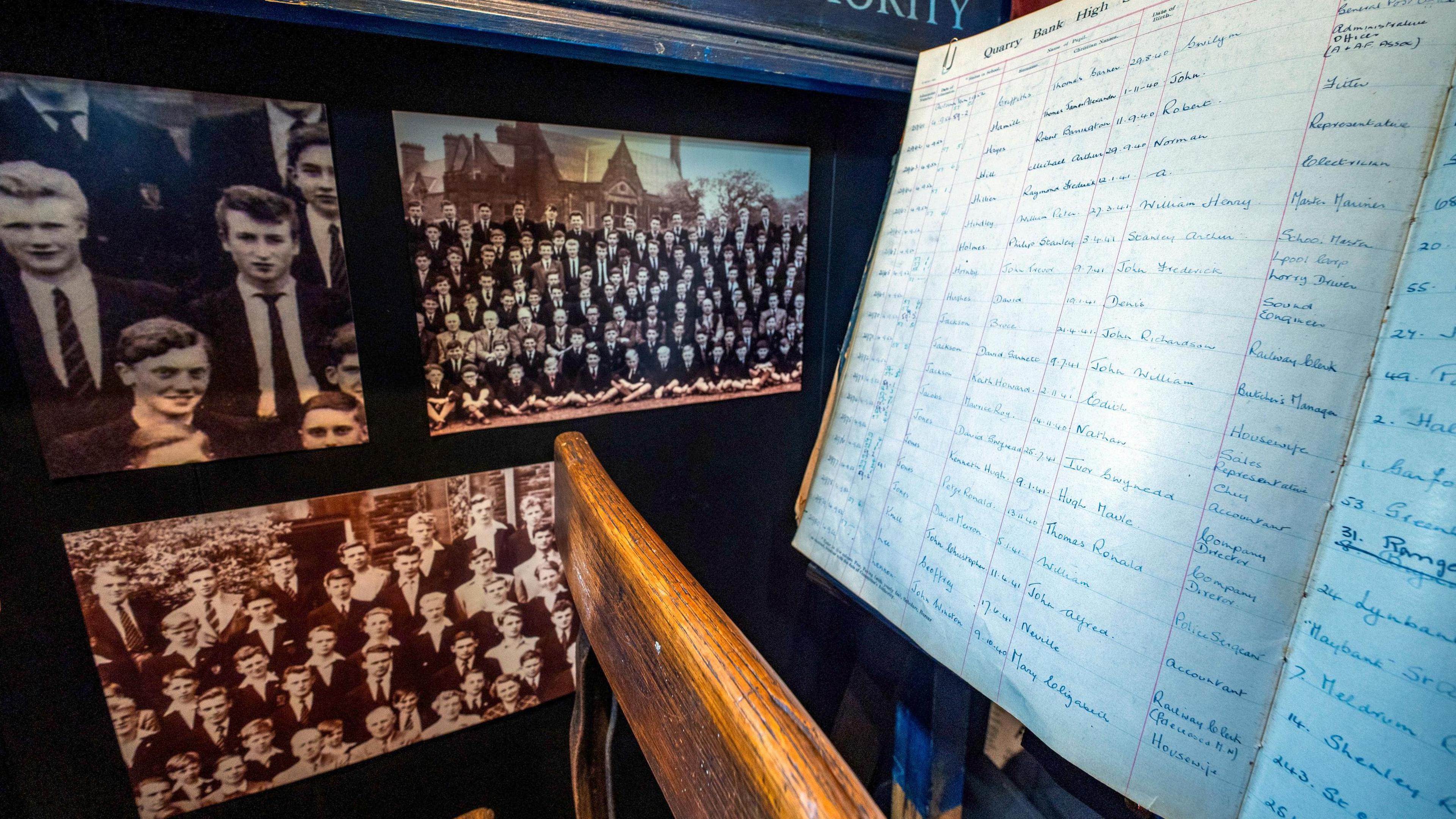 Black-and-white photographs from John Lennon's days as a pupil at Quarry Bank School. There is also the school enrolment register including John Lennon's details.