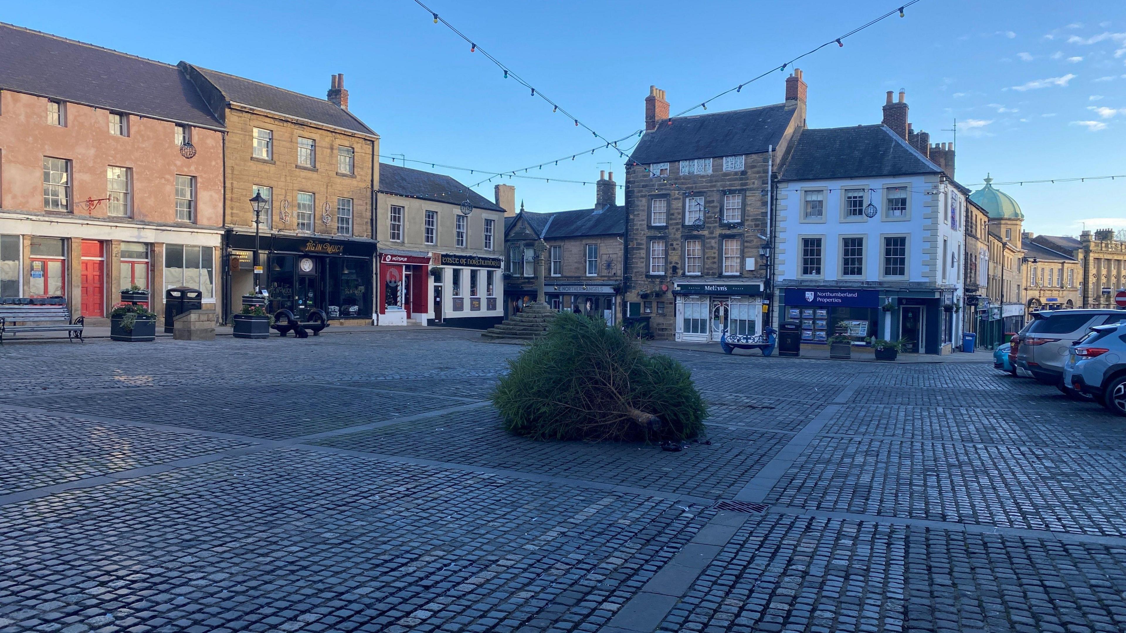 A Christmas tree on the ground in the market square in Alnwick 