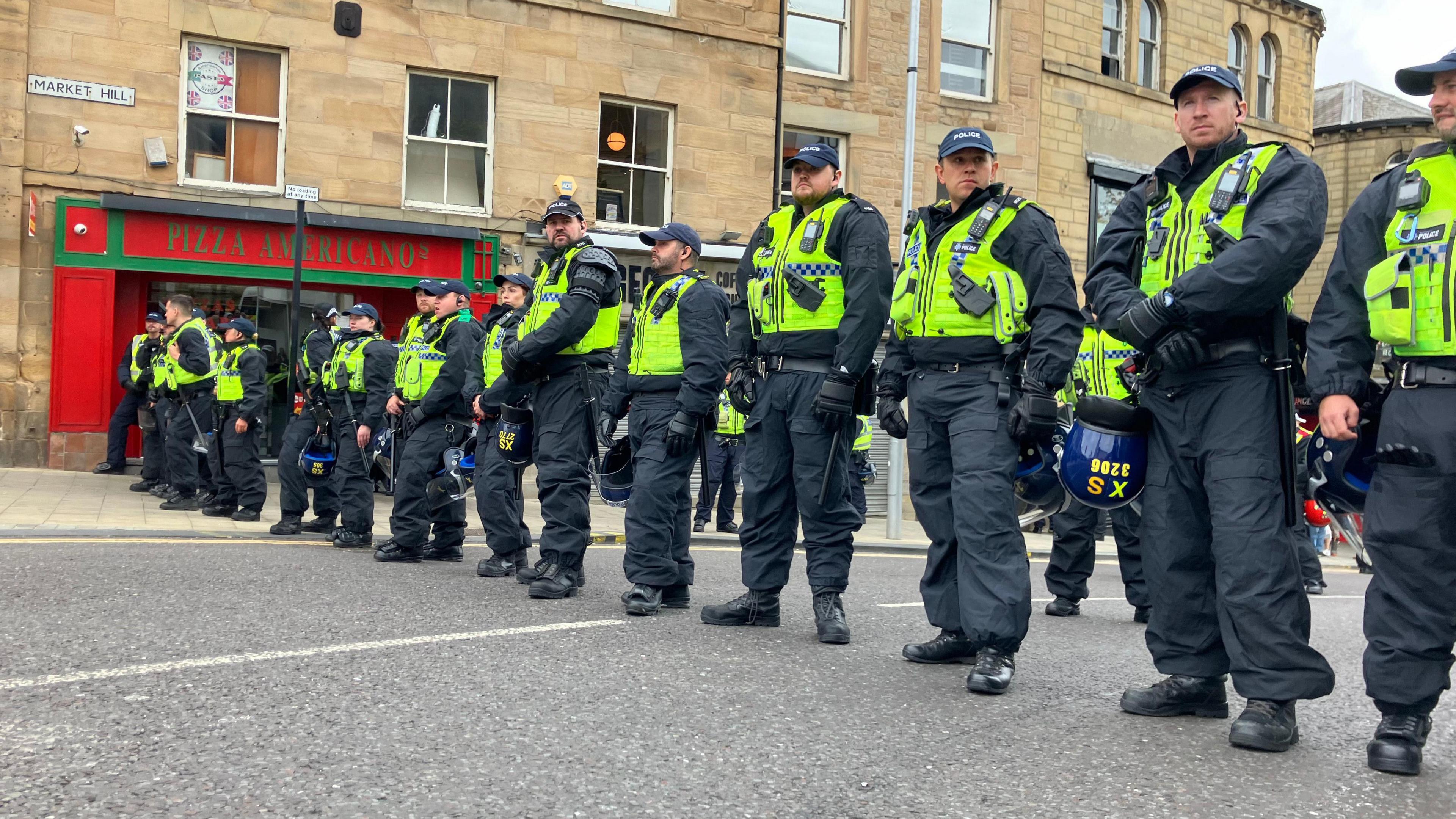 Line of police officers in Barnsley town centre