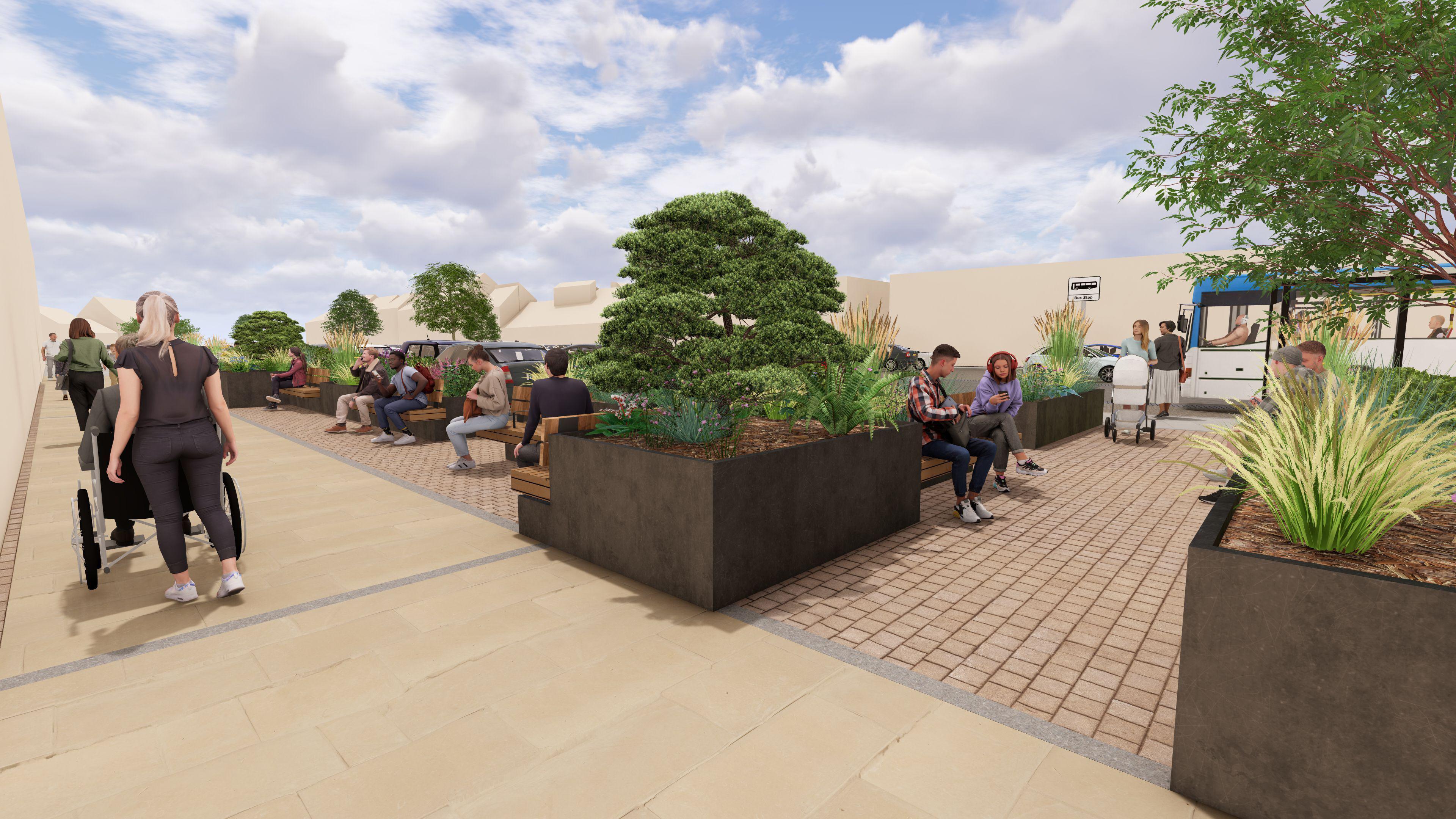 A computer-generated image of what the changes to Yarm High Street might look like. It shows planters in a square with people sitting on a number of benches. A woman pushing a wheelchair user on a path, is pictured to the right.