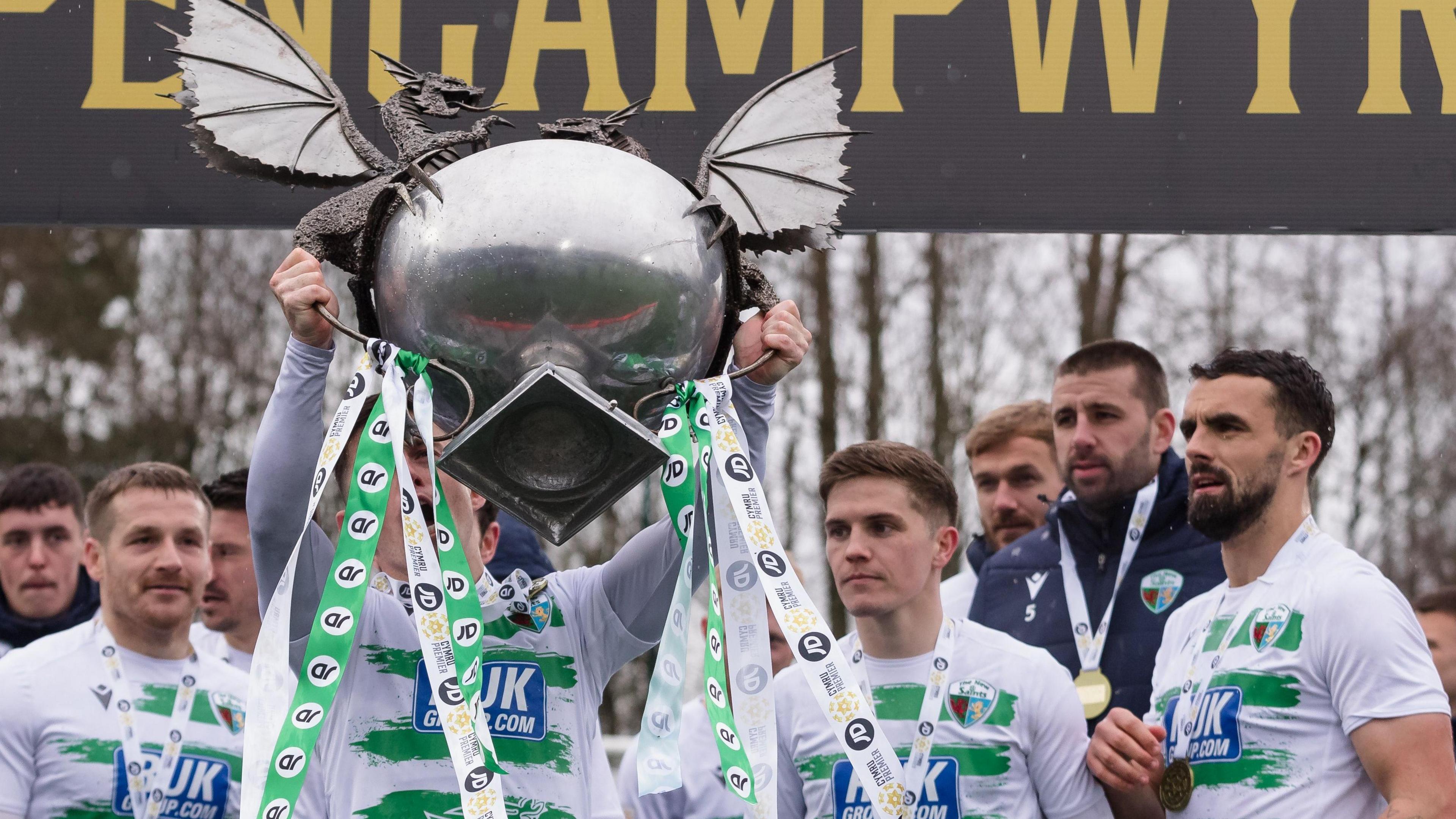 The New Saints players celebrate winning last season's JD Cymru Premier title