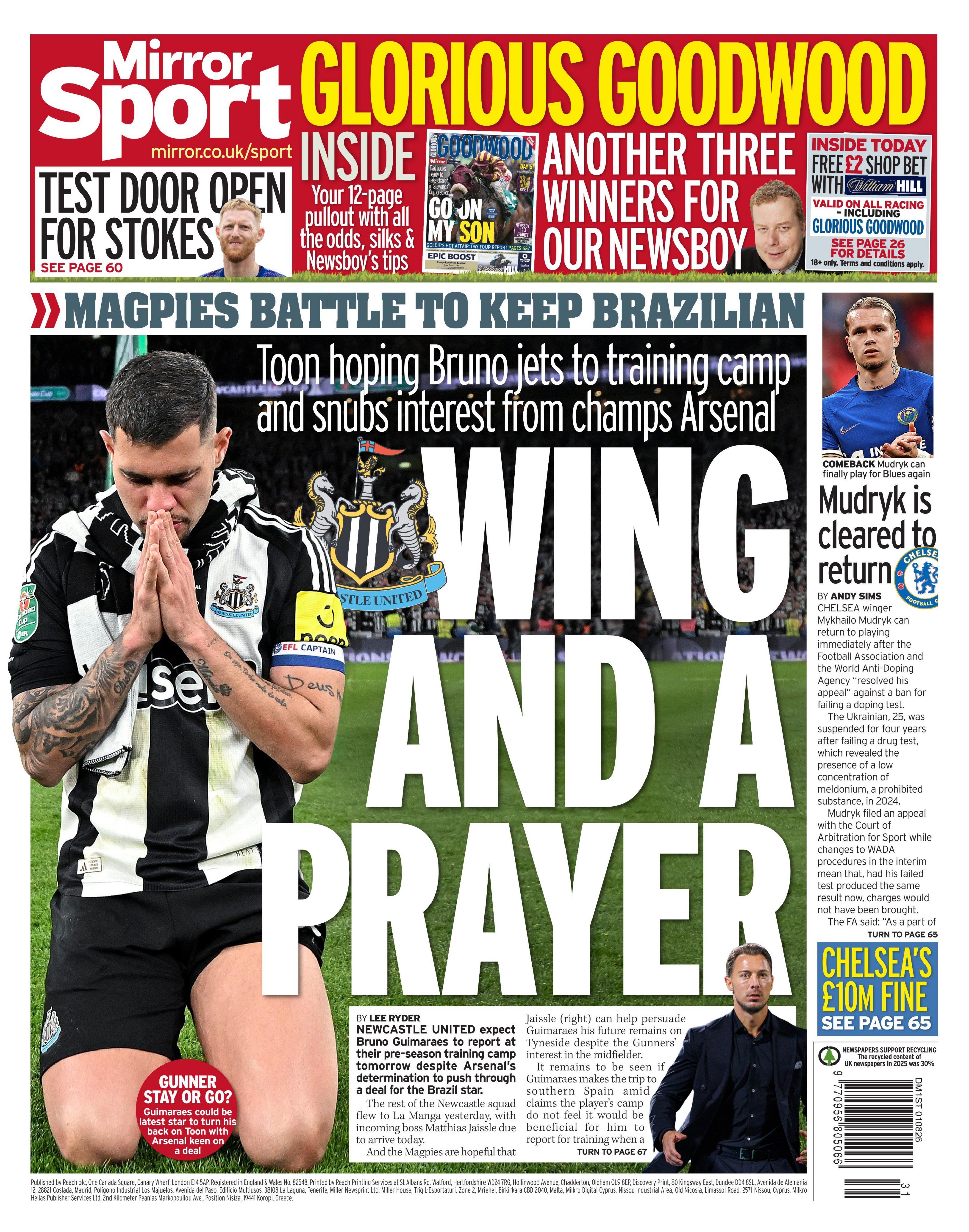 Back page of the Daily Mirror on 1 August 2026