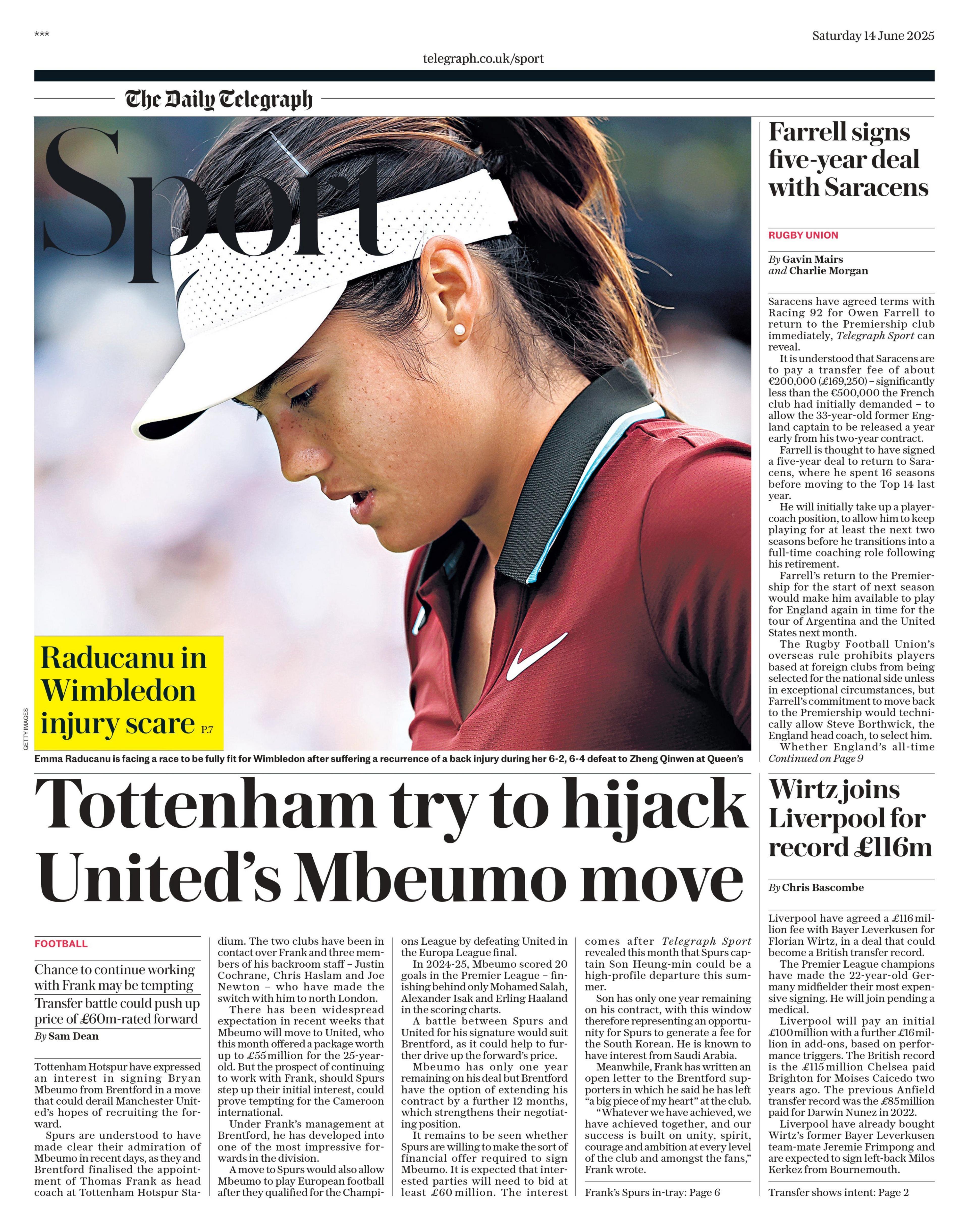 Telegraph lead sport page