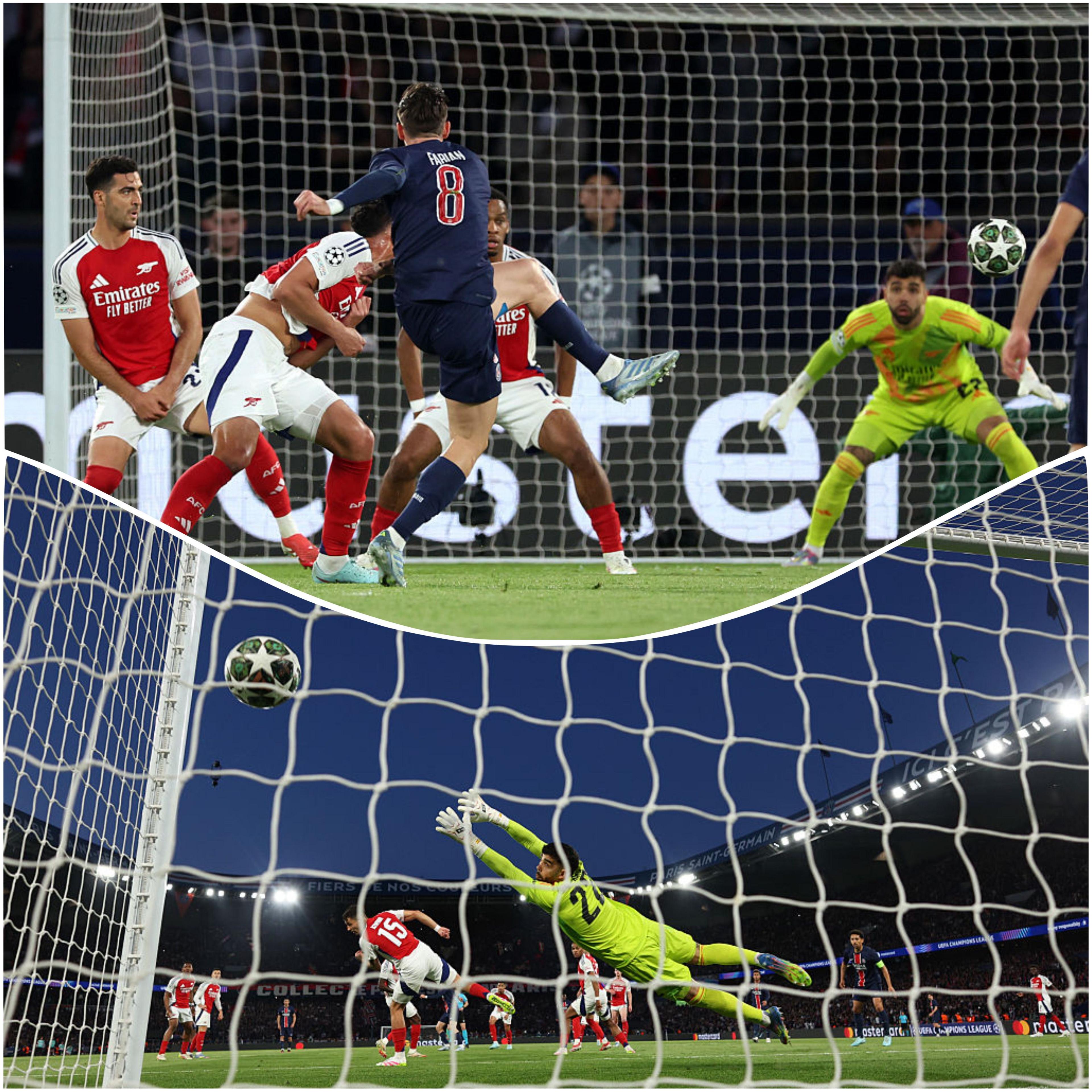 Fabian Ruiz hits the ball from distance to beat David Raya in the Arsenal goal. There are two images one on top of the other, one from behind Ruiz as he strikes the ball and the other from behind David Raya as he dives in an attempt to save the shot.