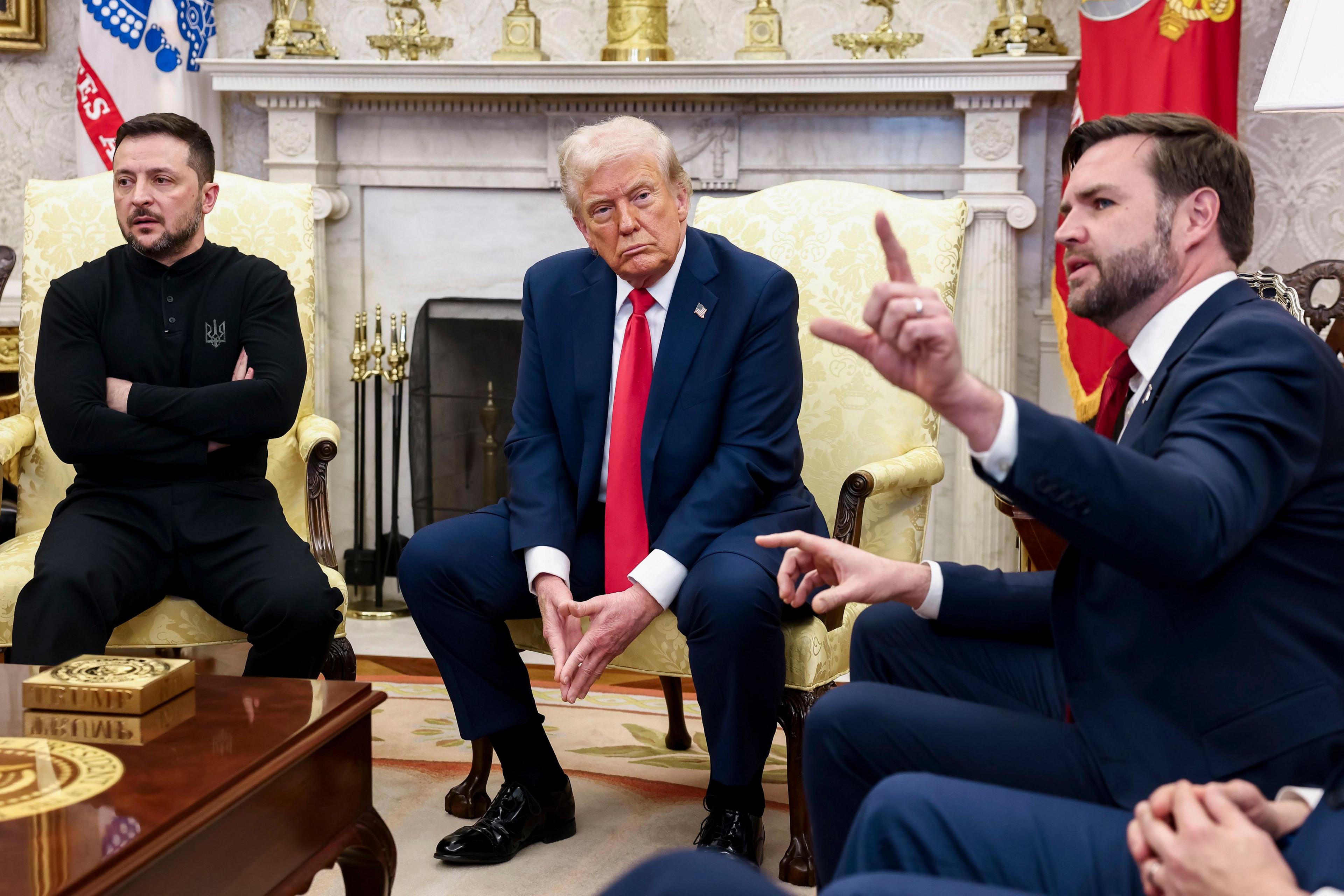 Volodymyr Zelensky, Donald Trump and Vice-President JD Vance during their heated discussion. 