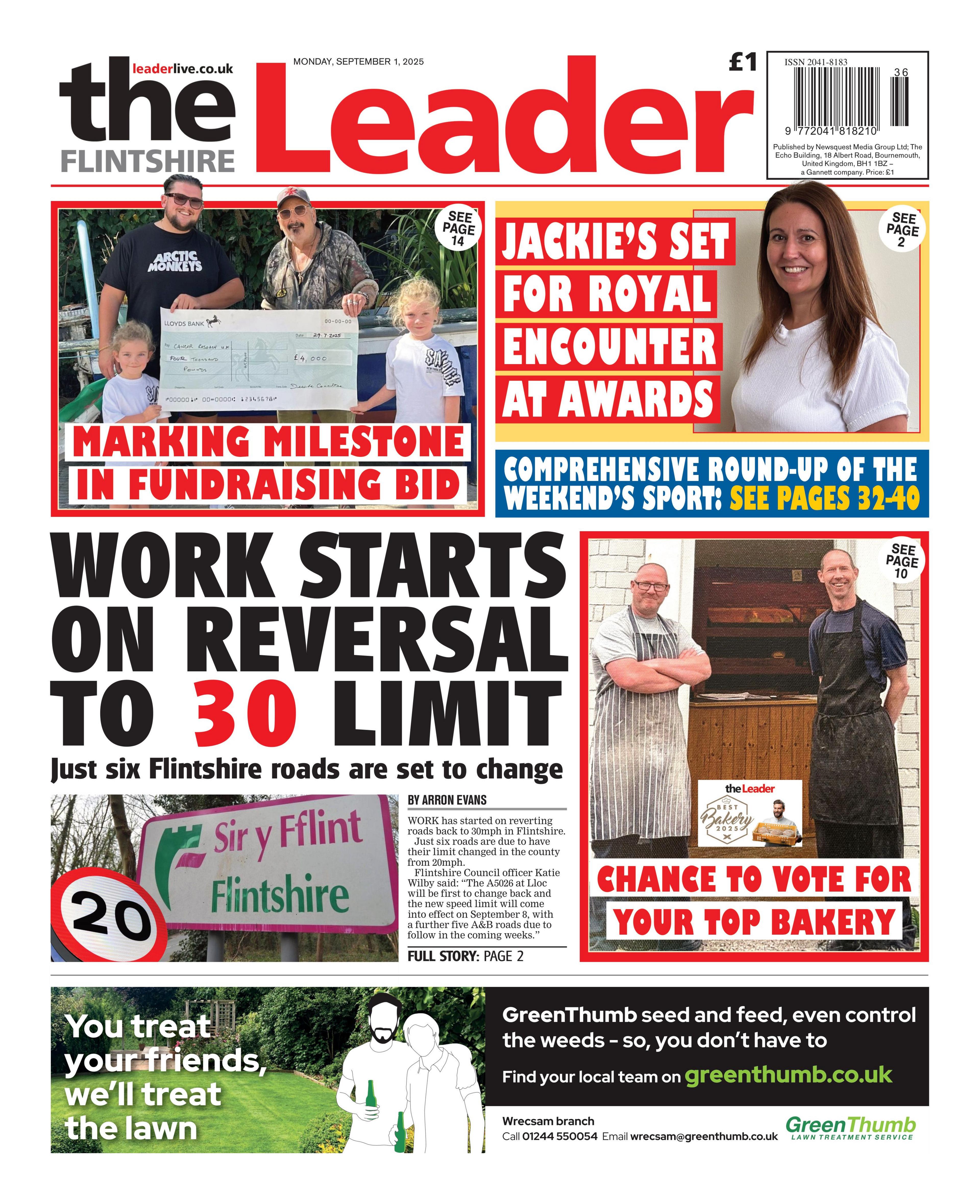 Main headline of The Flintshire Leader reads: Work starts on reversal to 30 limit, followed by 'Just six Flintshire roads are set to change'. Other headlines read: Marking milestone in fundraising bid, and Jackie's set for Royal encounter at awards. Next to the main headline is a picture of two men in aprons with the headline "Chance to vote for your top bakery".