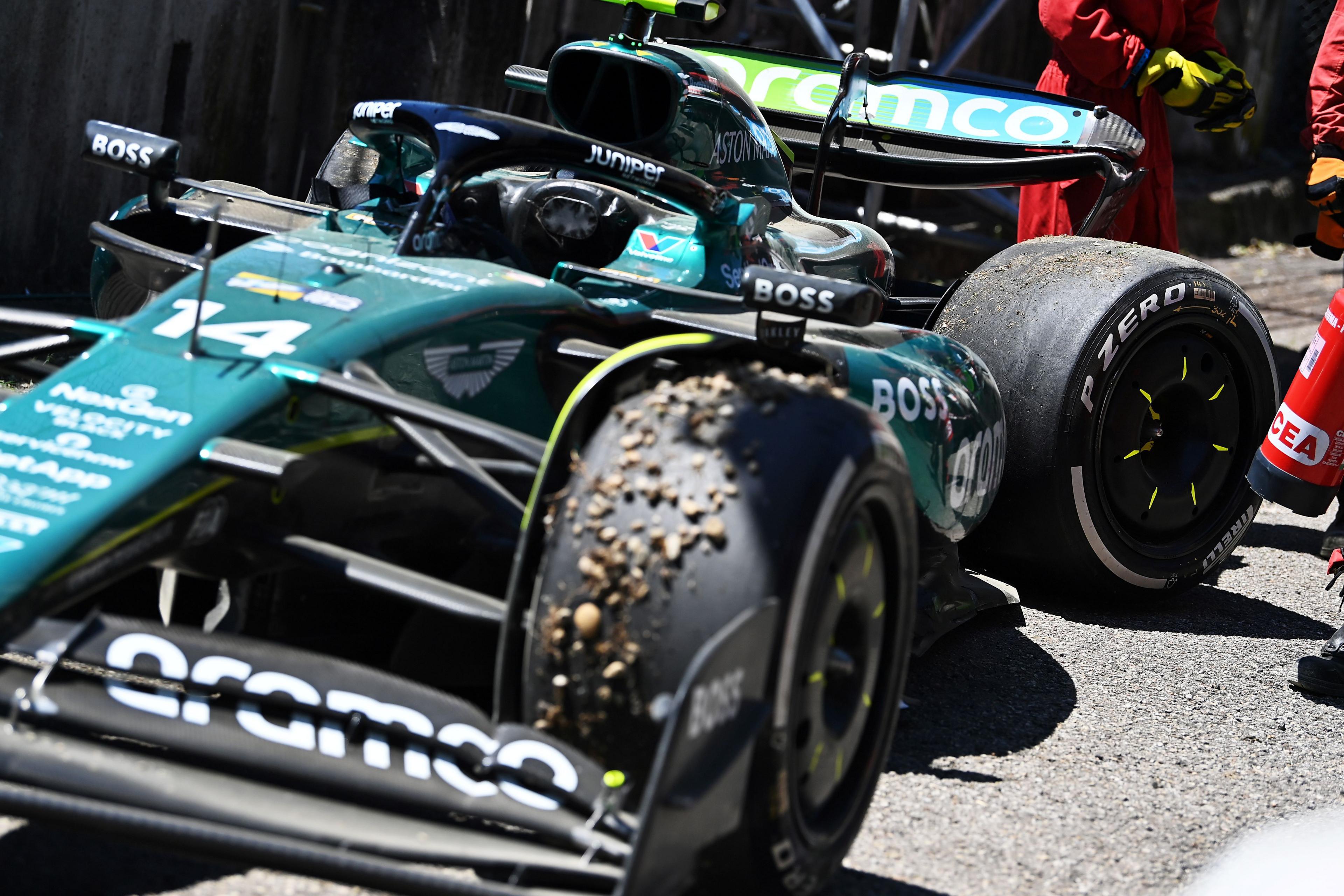 The damaged Aston Martin after Fernando Alonso's crash in third practice at Imola