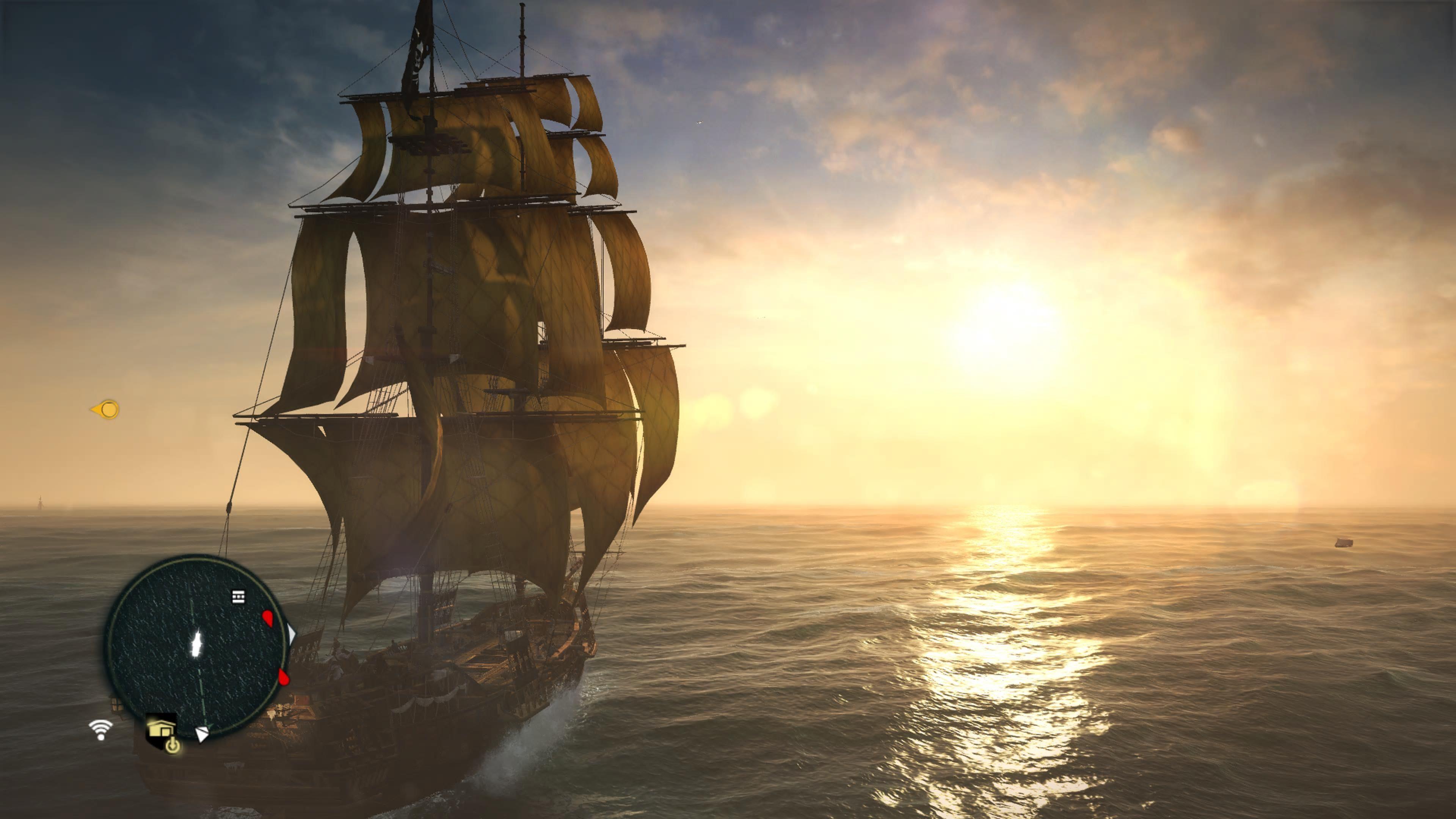 A screenshot of the original Black Flag game. We see a pirate ship with yellow sails sailing across an open ocean. The waves are fairly still and the horizon blends into the setting yellow sun. It looks stunning, yet dated.