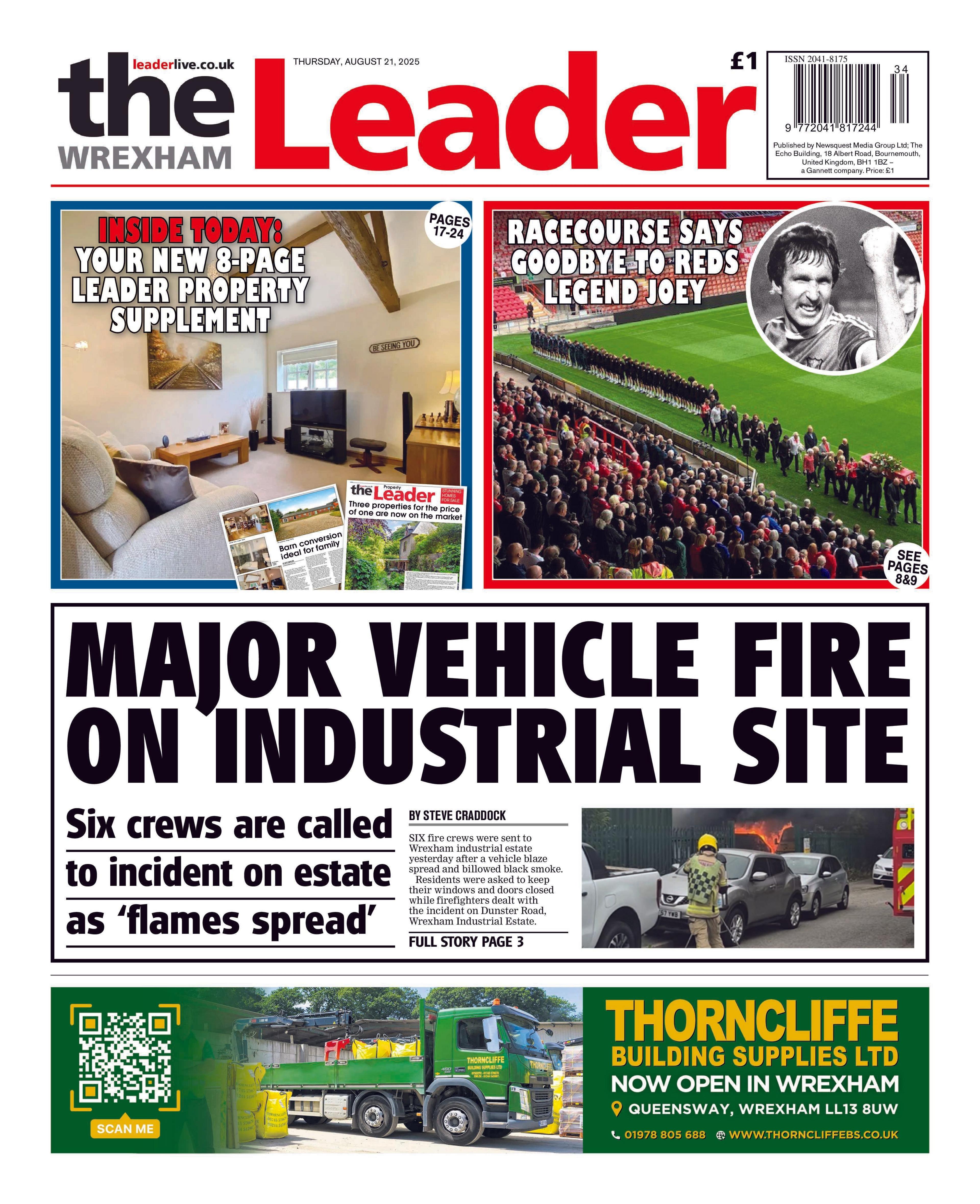 Main headline reads: Major vehicle fire on industrial site: Six crews are called to incident on estate as 'flames spread'. Other headlines read: Racecourse says goodbye to Reds legend Joey. 
