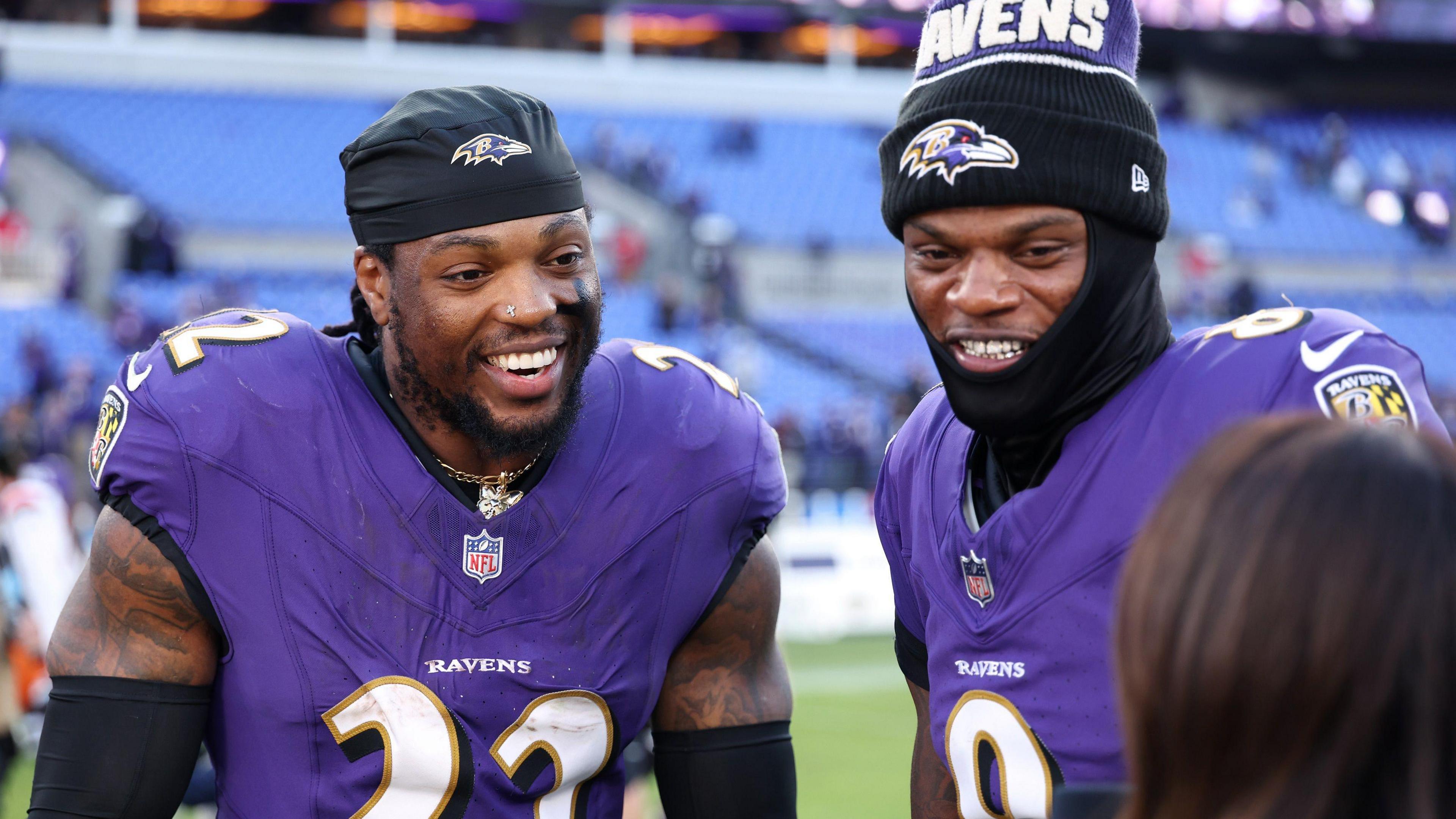 Derrick Henry and Lamar Jackson of the Baltimore Ravens talk after the game