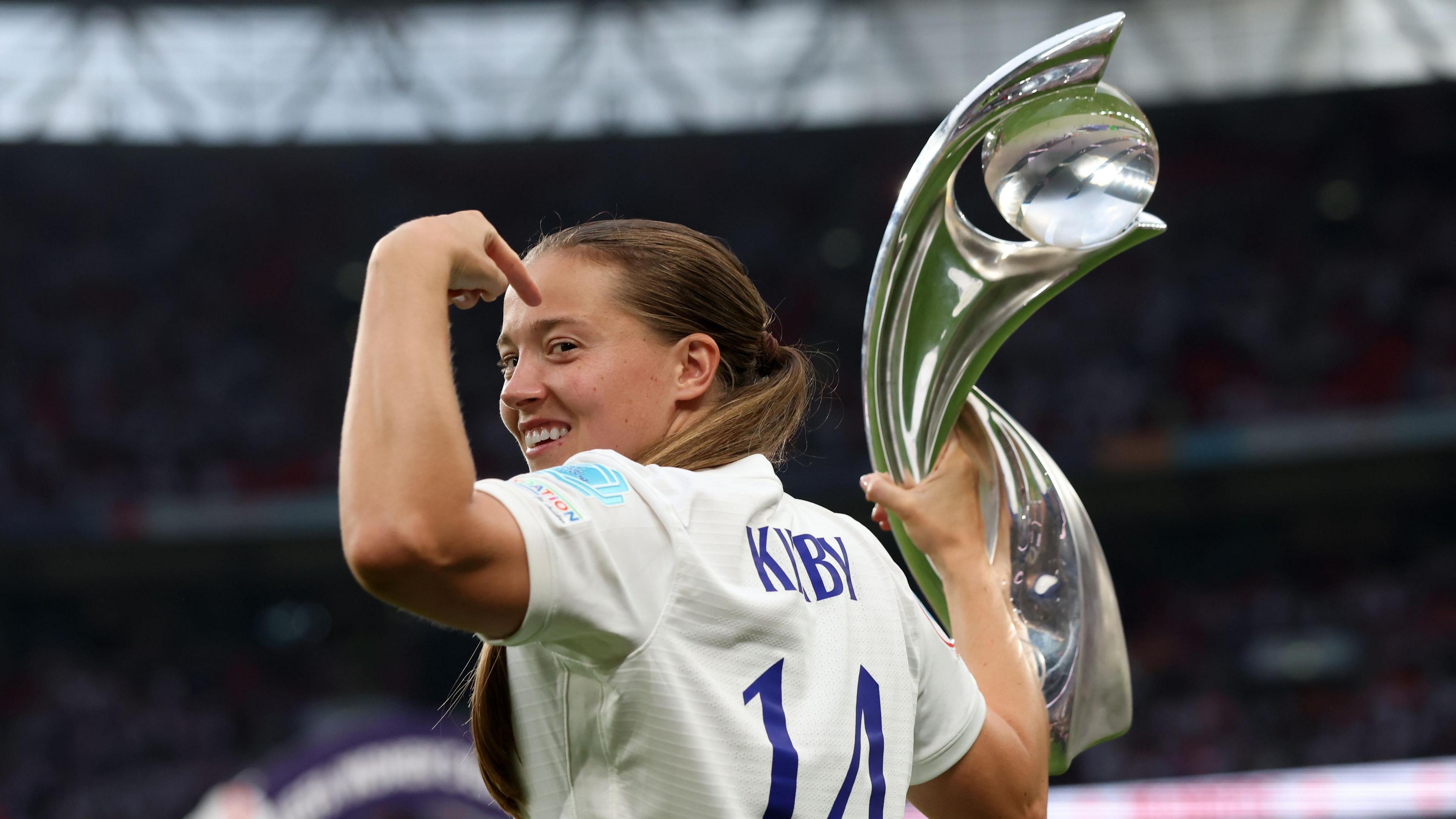 England's Fran Kirby celebrates with the Euro 2022 trophy
