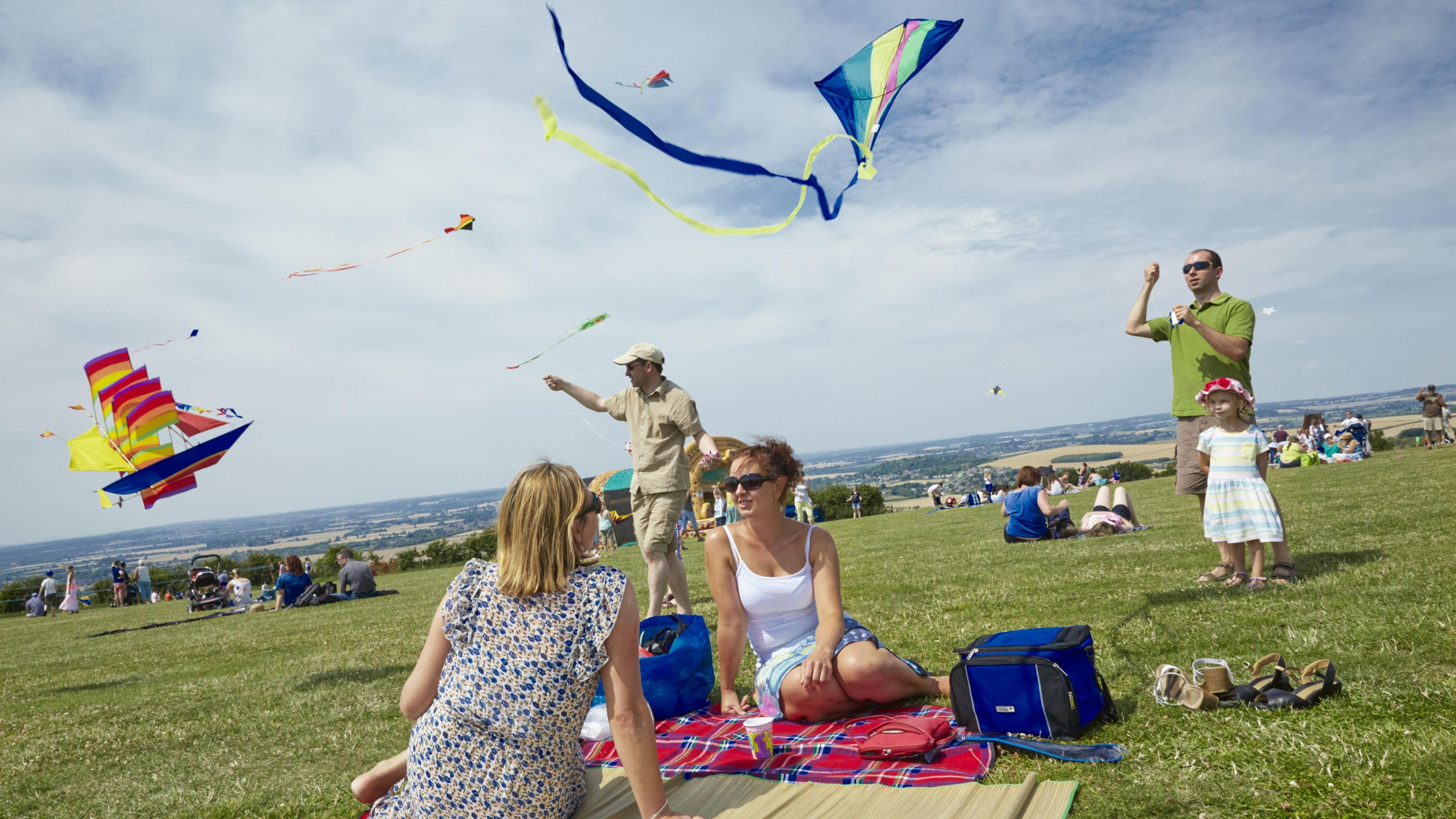 Two women sitting on a rug, watching a kite festival with two men holding kites and a child watching too