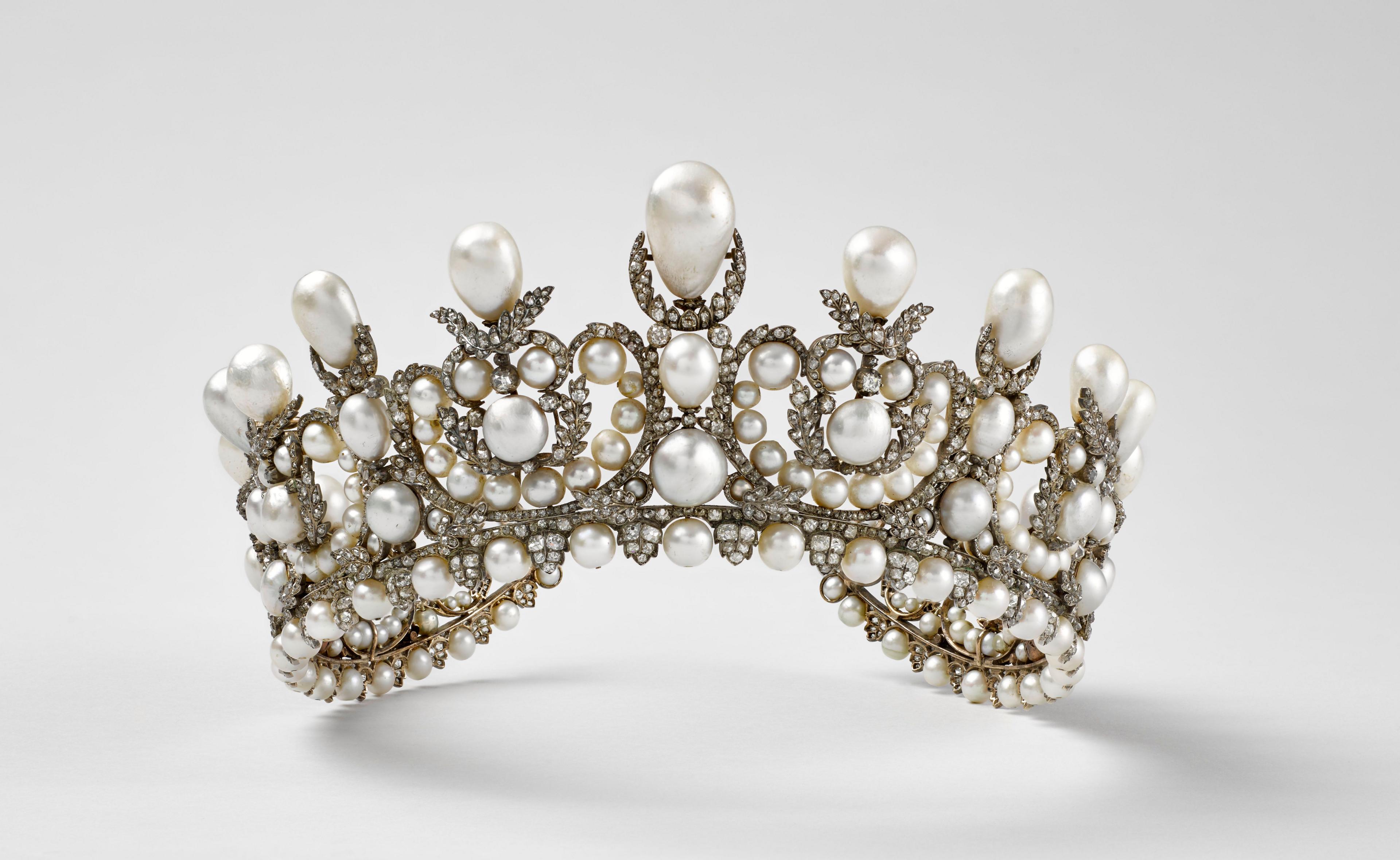 A gold tiara encrusted with diamonds and pearls stolen from the Louvre