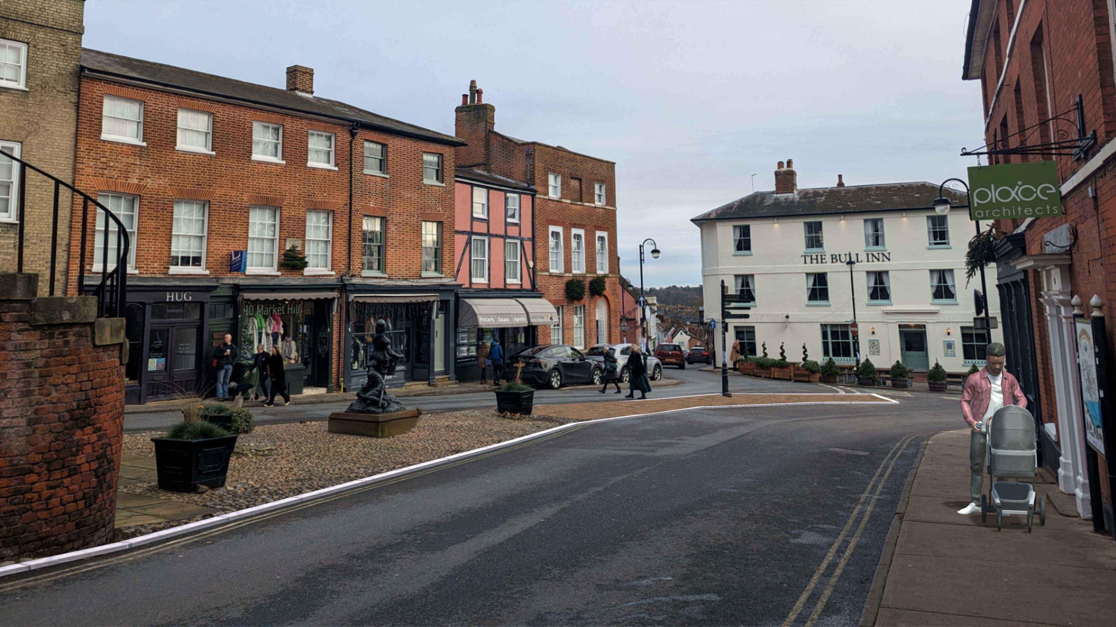 An artist's impression of Seckford Street in Woodbridge. Businesses and houses line each side of the road. A pub is in the distance. A man walks a pram down the pavement.